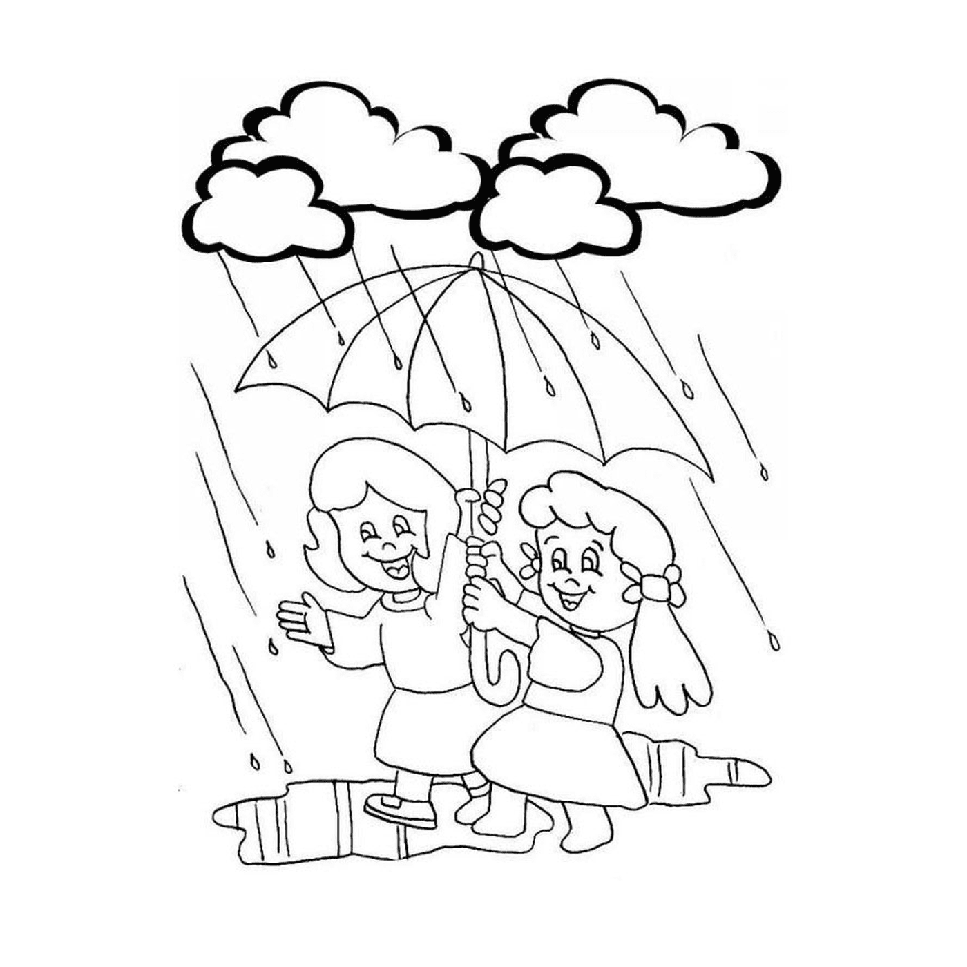  Две девушки под зонтиком под дождем 