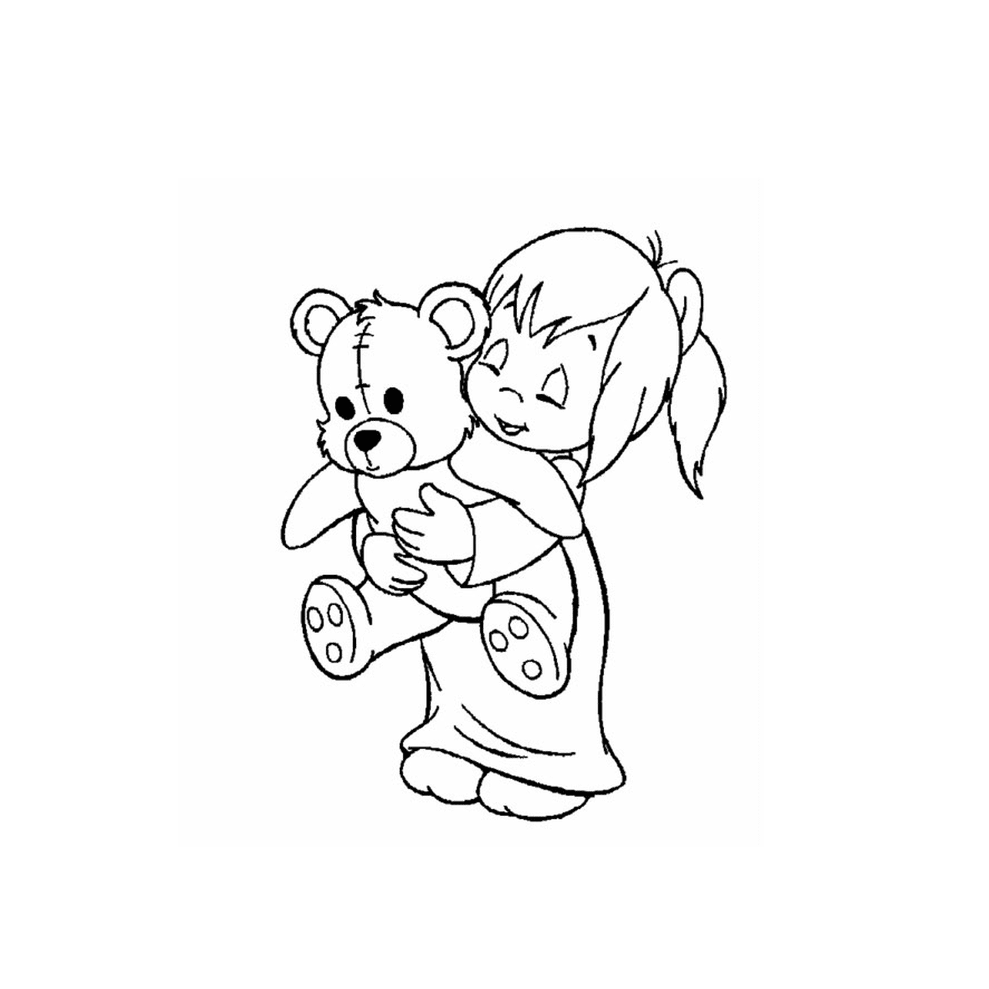  Ein kleines Mädchen, das einen Teddybär in den Armen hält 