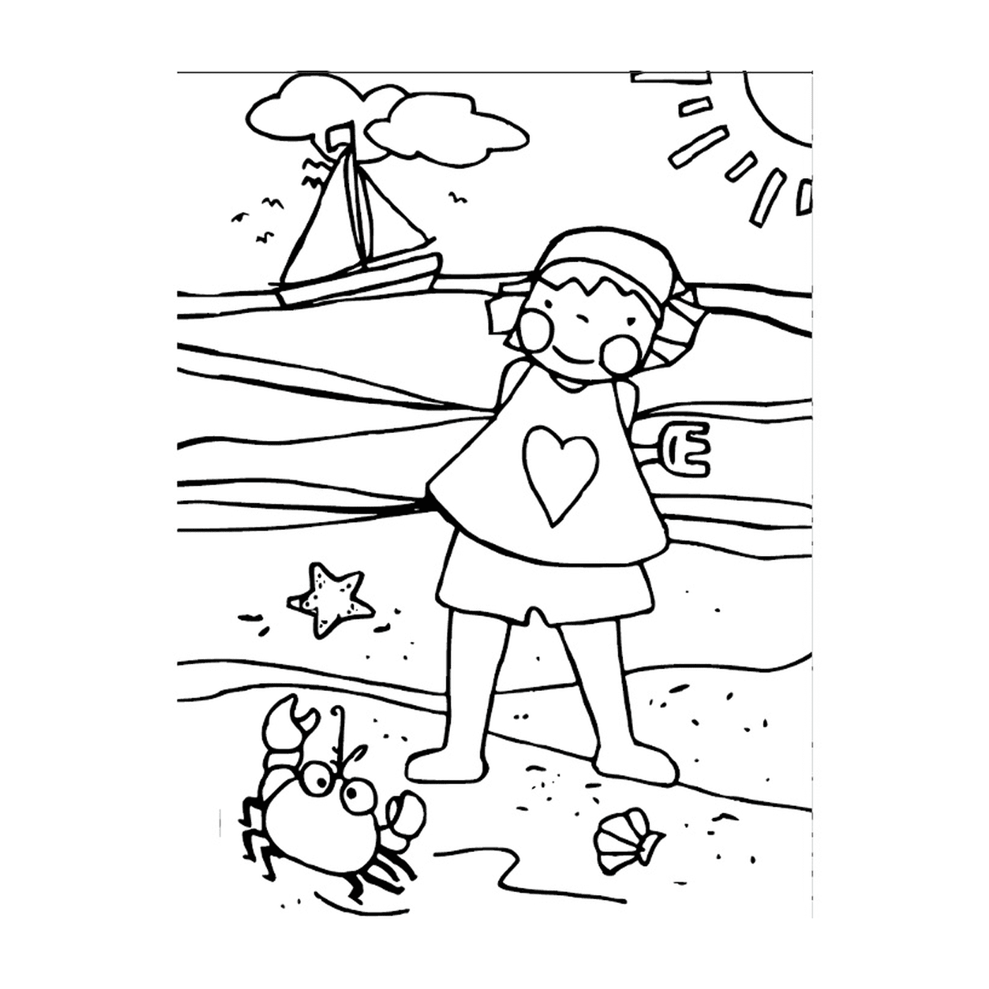  Ein Kind, das mit einer Krabbe am Strand steht 