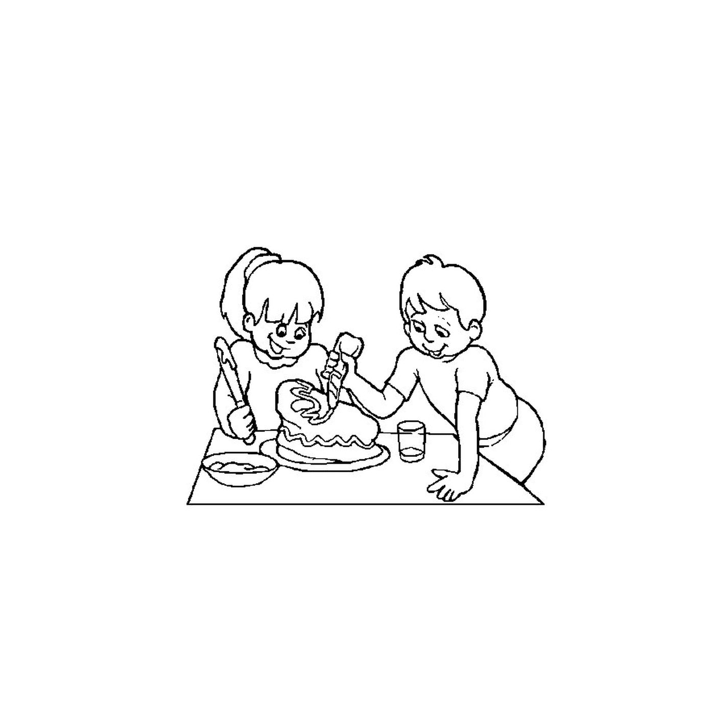  Two kids standing at a table with a cake 
