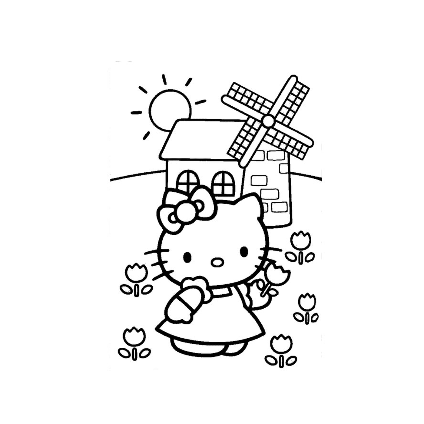 A hello kitty with a windmill in the background 