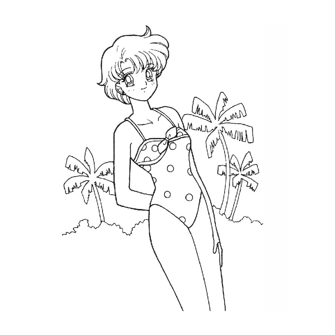  A woman in a swimsuit standing in front of palm trees 