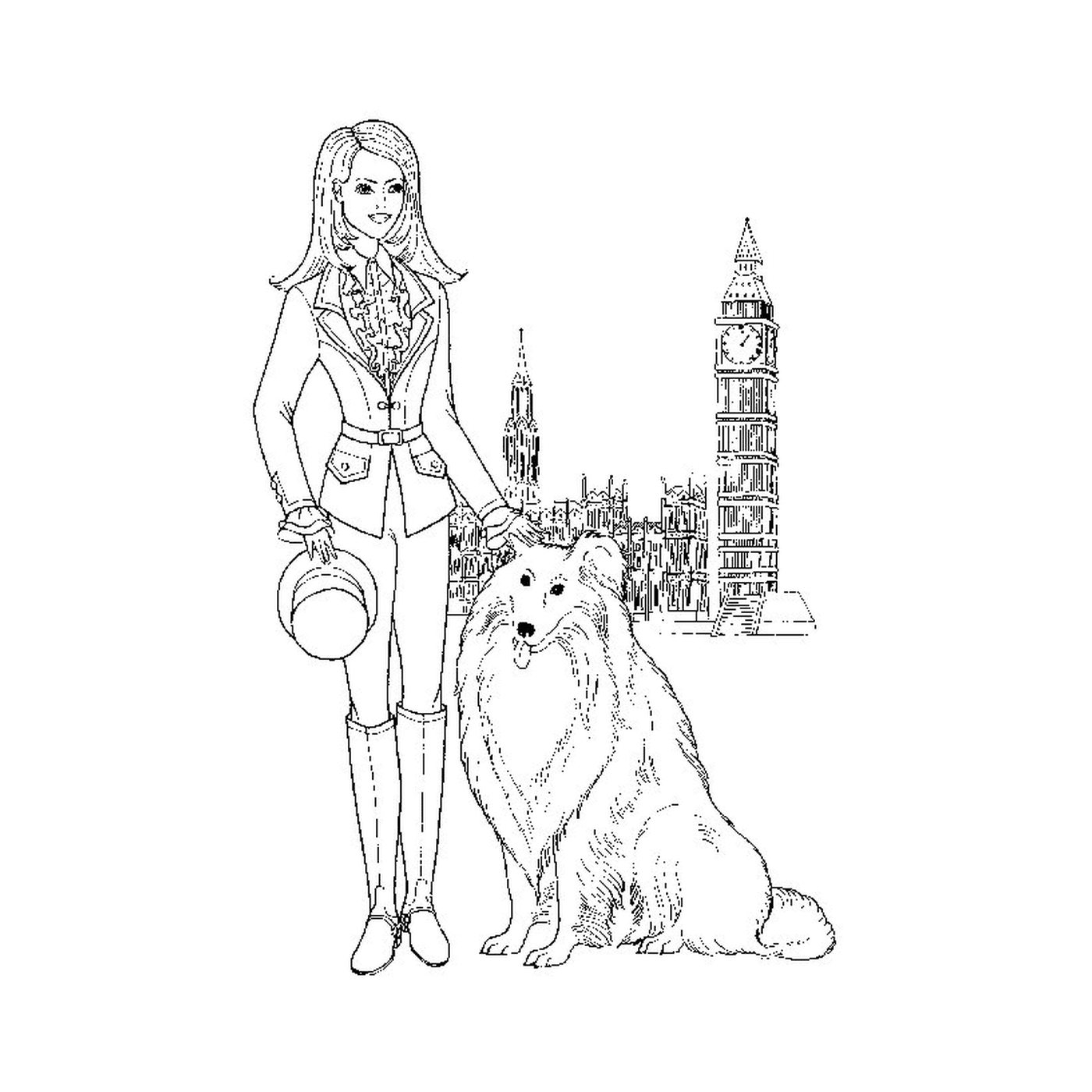  Una mujer de pie junto a un perro 