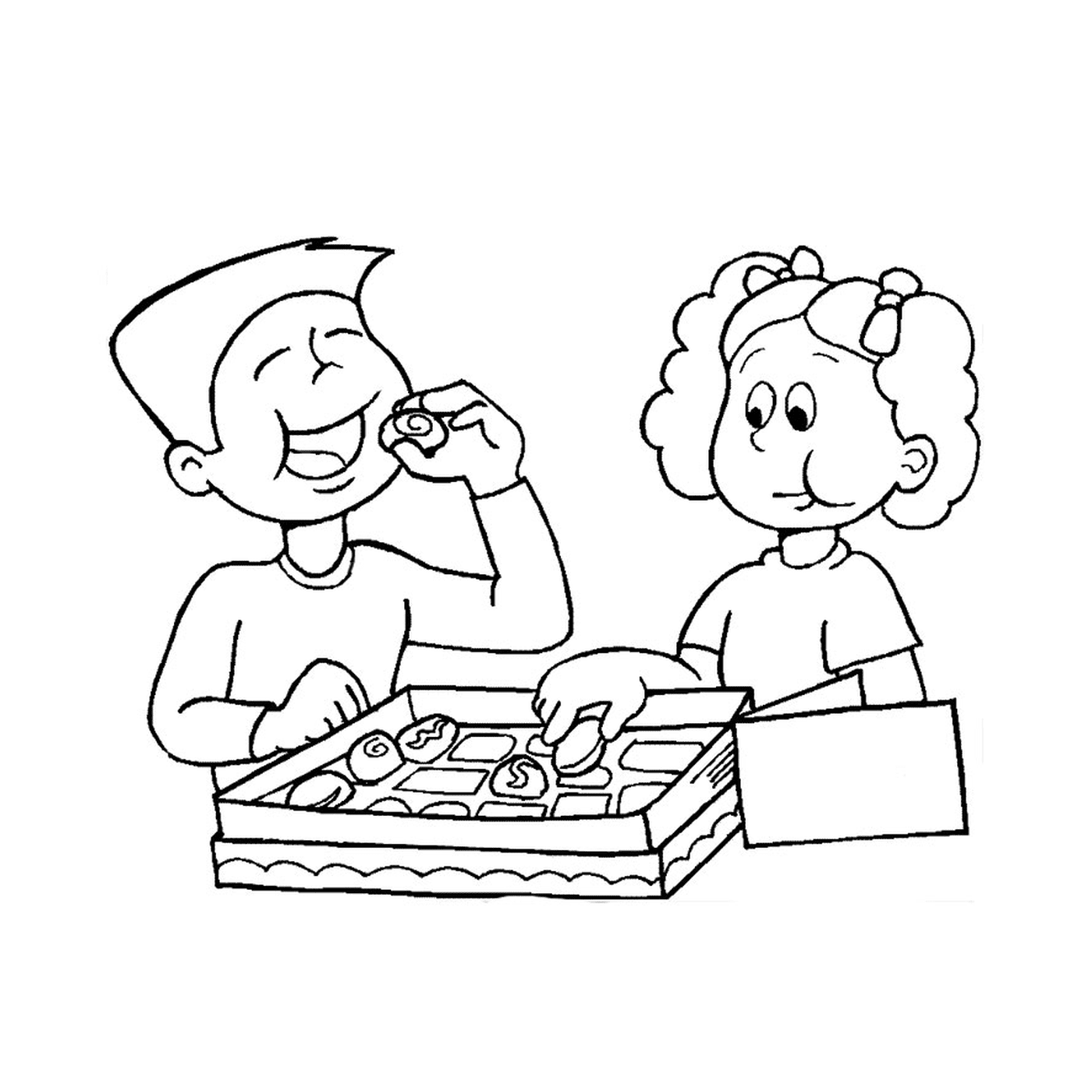  A boy and a girl eating donuts 