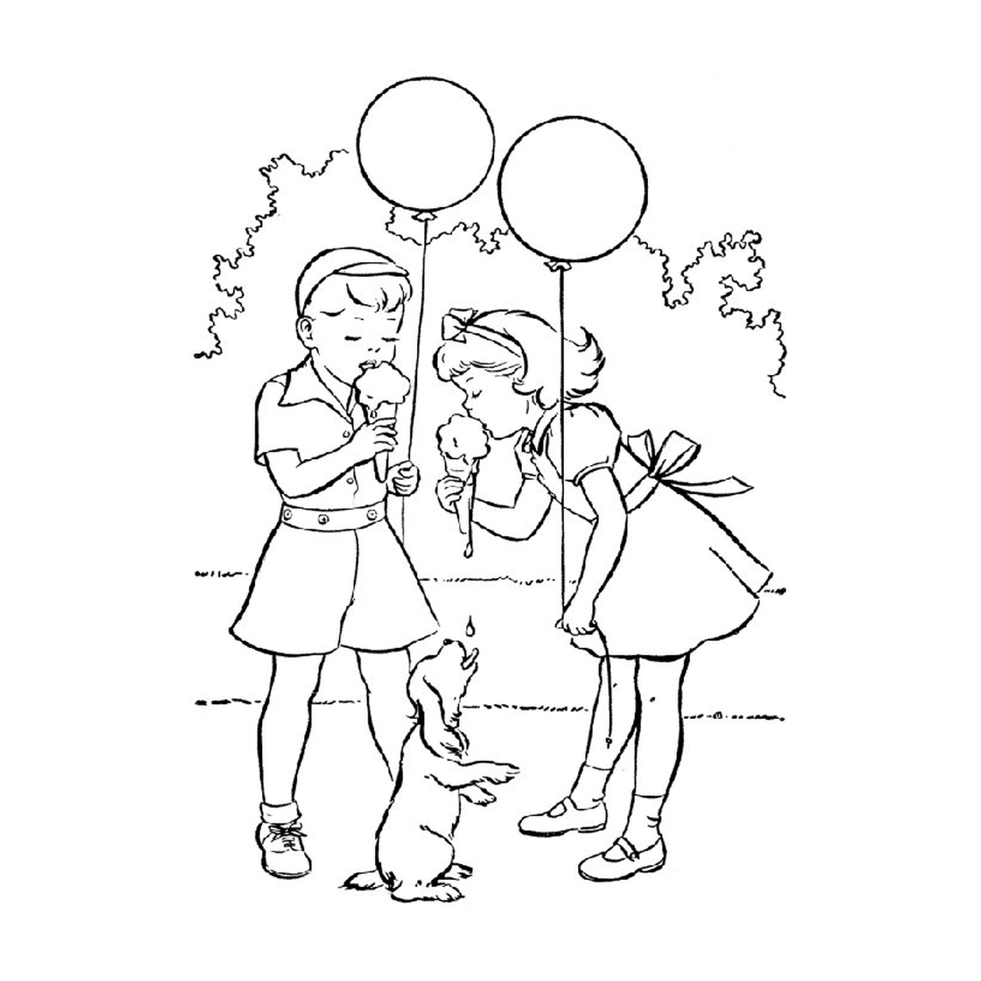  Two kids holding balloons while a cat looks 