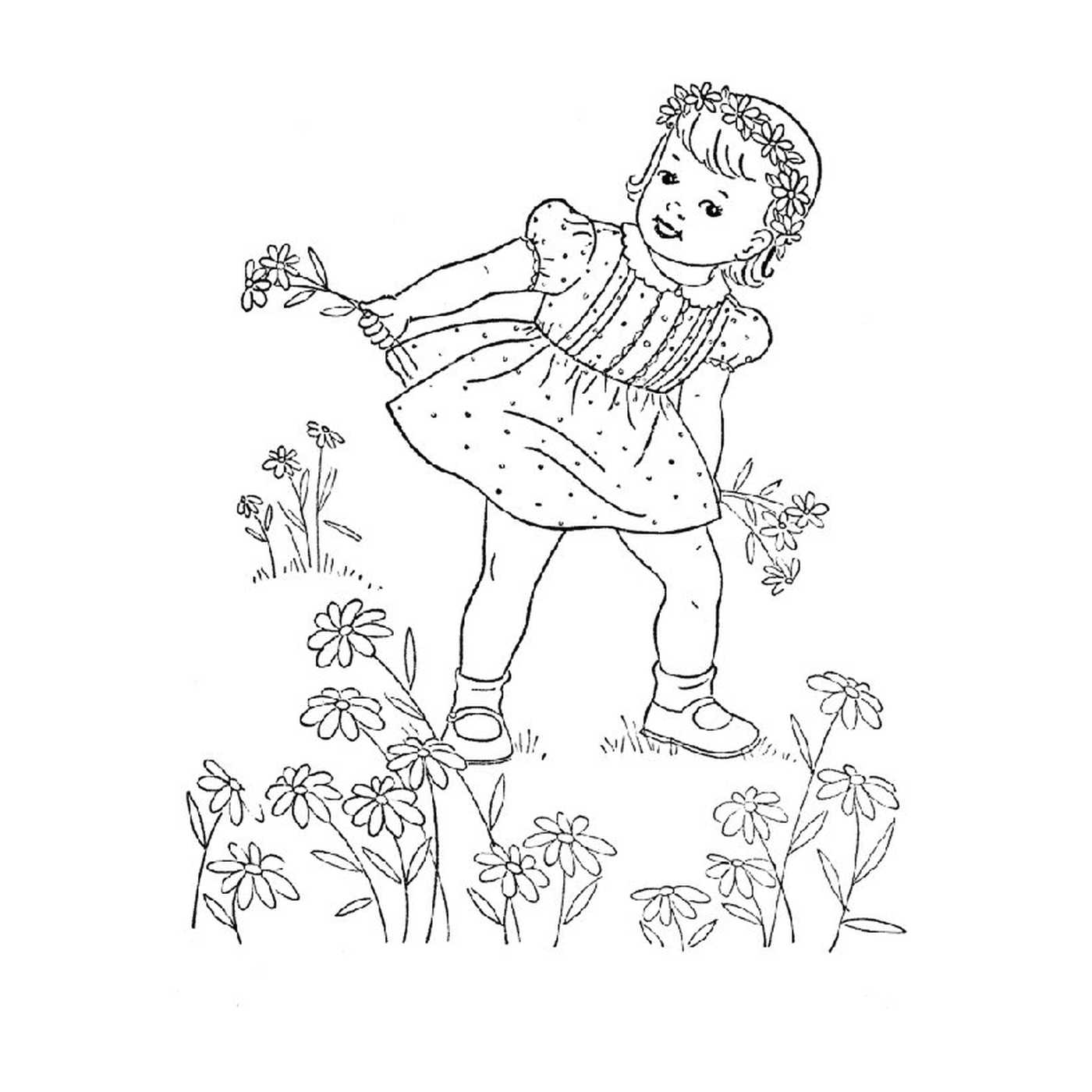  Ein kleines Mädchen, das Blumen hält 