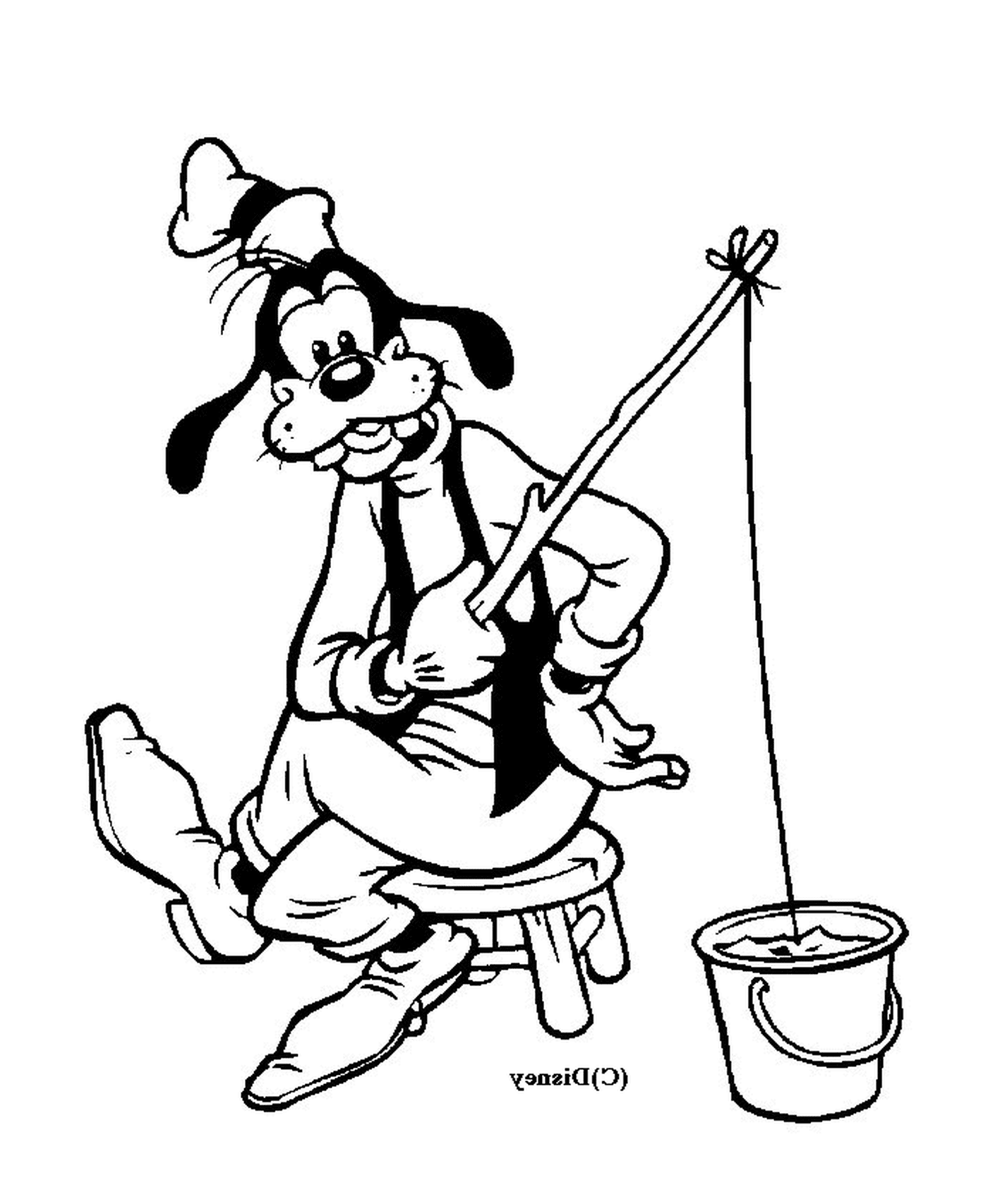  A dog sitting on a stool holding a fishing rod 