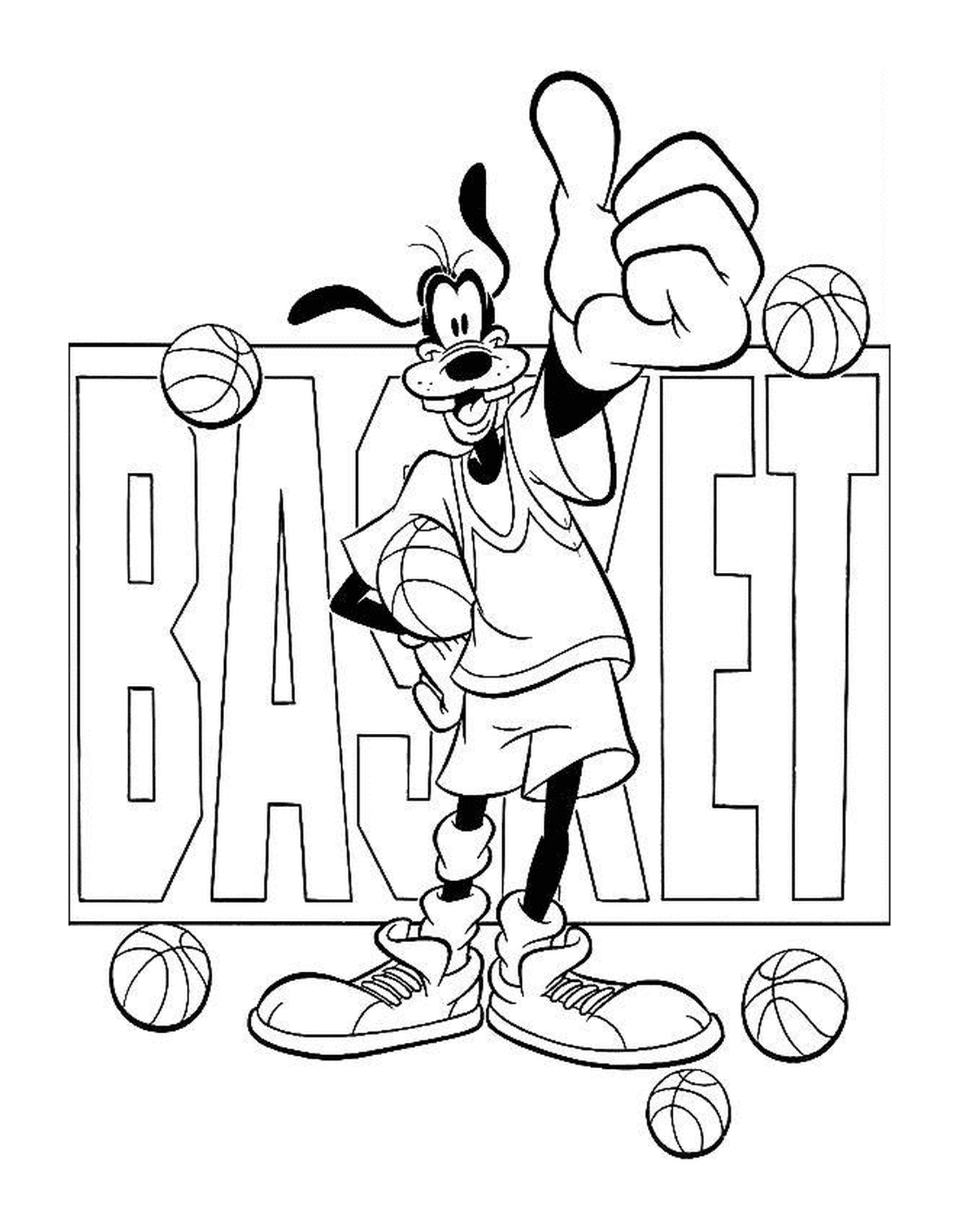  Dingo likes basketball and holds a ball in front of the word basket 