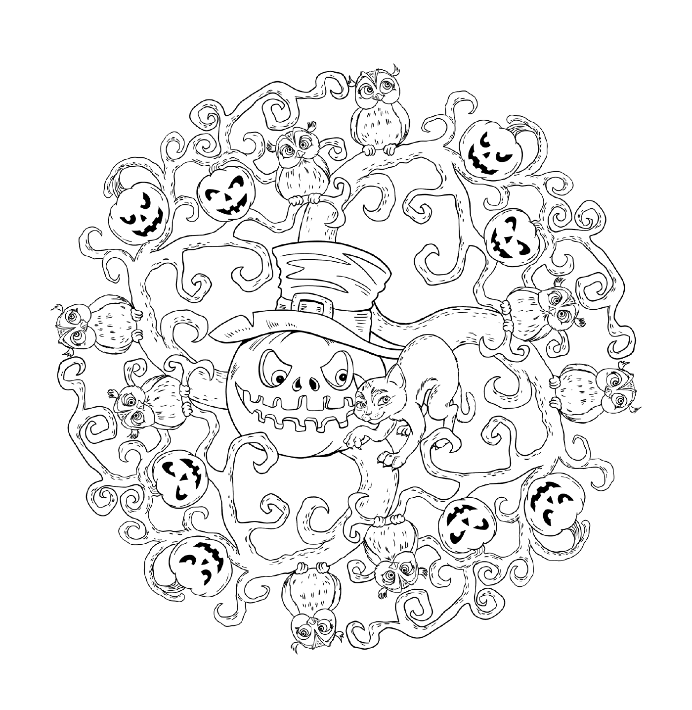  Mandala de Halloween con calabazas, búhos y gatos 