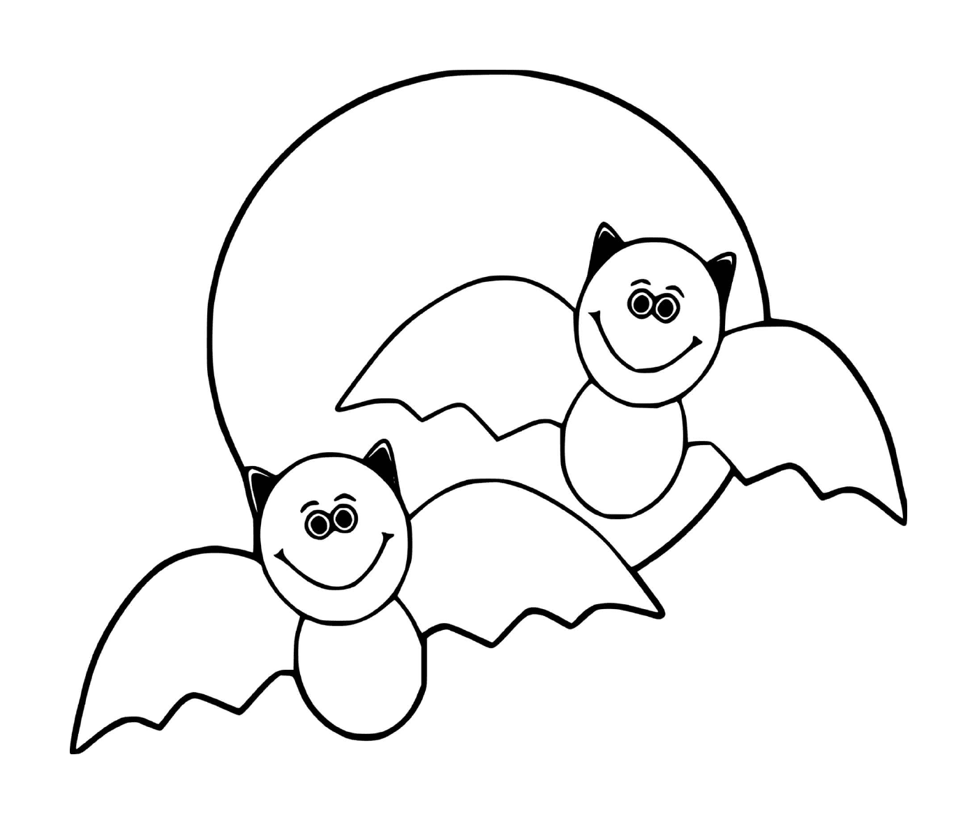 Two bats in the middle of the flight with the moon 
