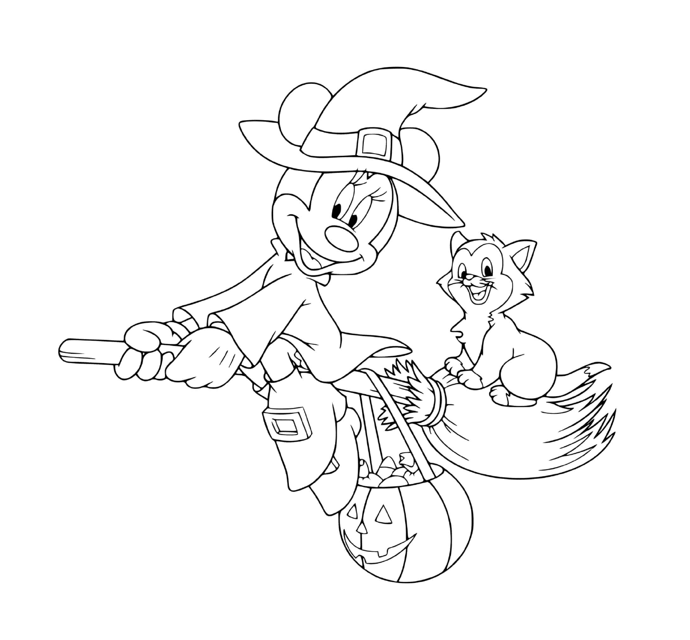  Minnie Mouse volar bruja con gato y calabaza Halloween 