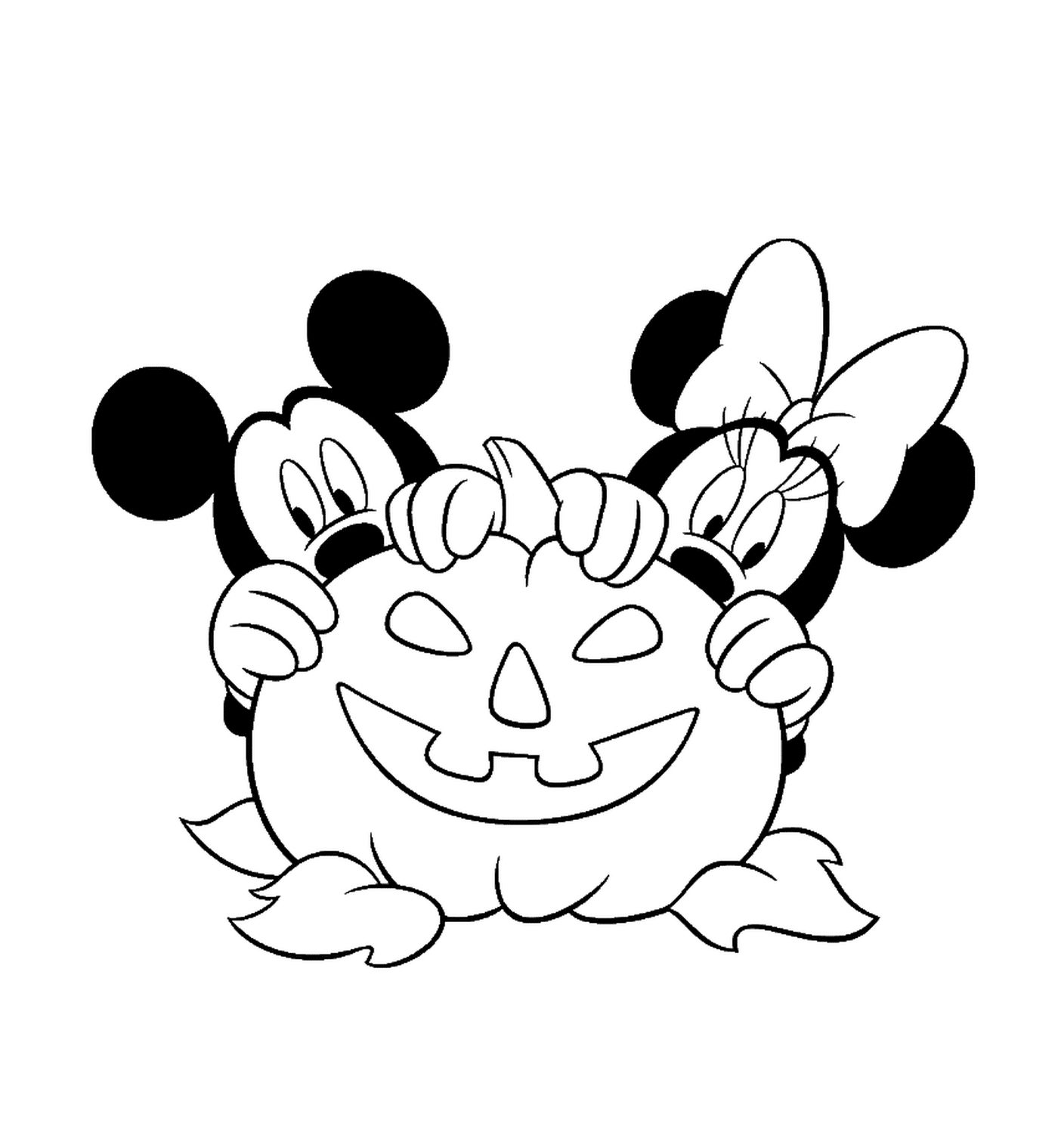  Mickey and Minnie hidden behind a pumpkin 