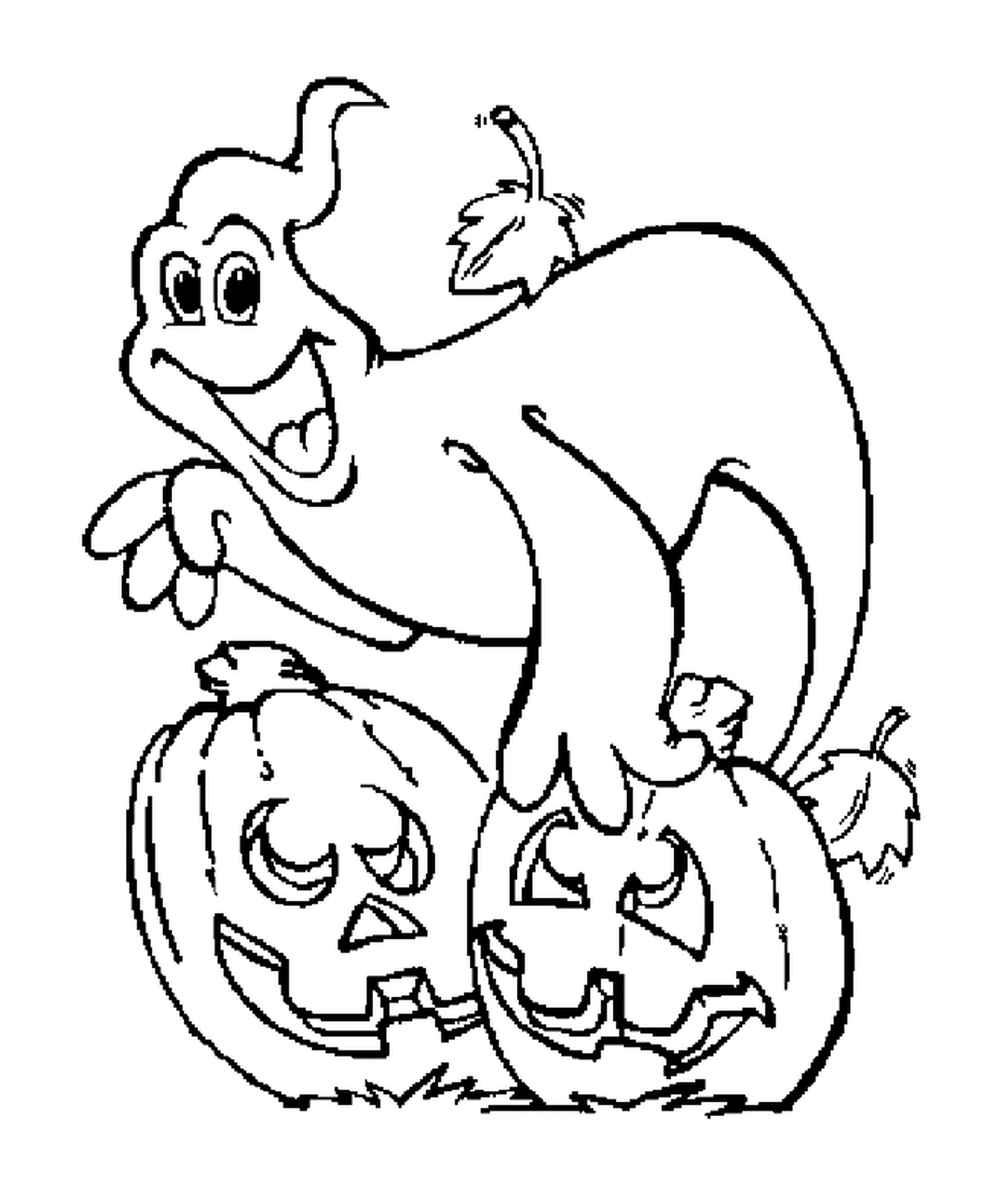  A ghost and two Halloween pumpkins 