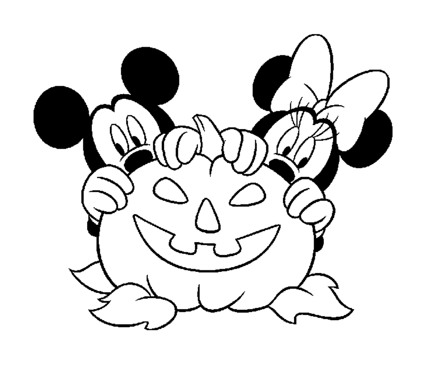  Mickey und Minnie verstecken sich hinter einem Disney Kürbis 