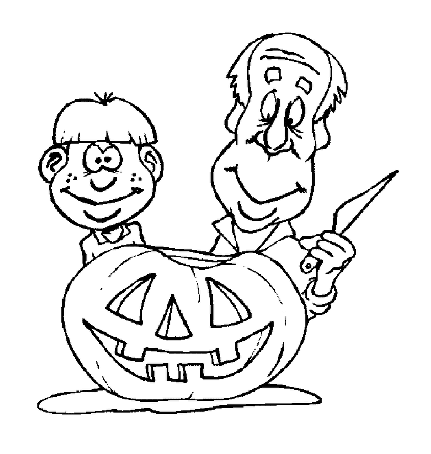  Father and son sculpt a Halloween pumpkin 