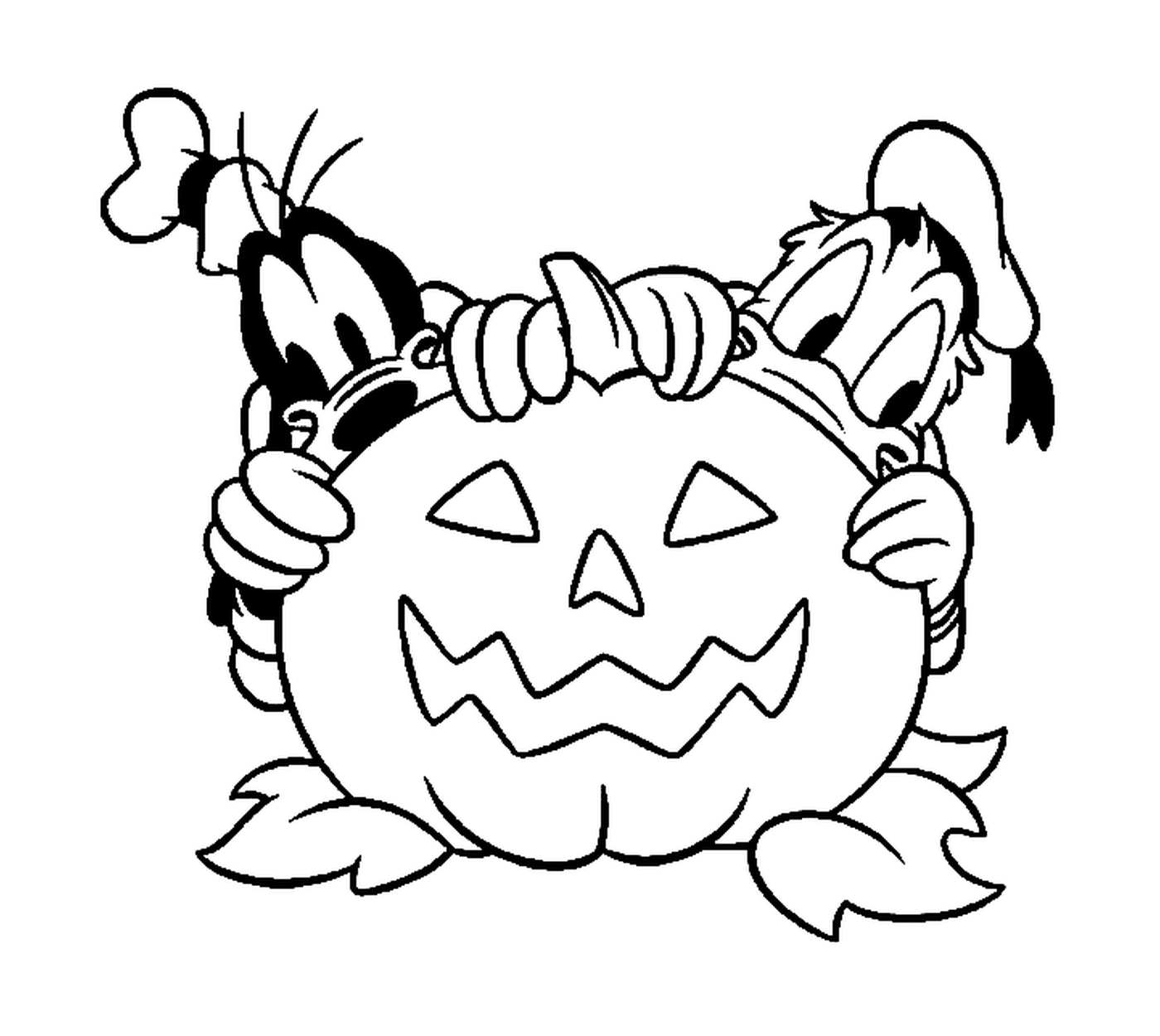  Donald und Dingo verstecken sich hinter einem Halloween Kürbis 