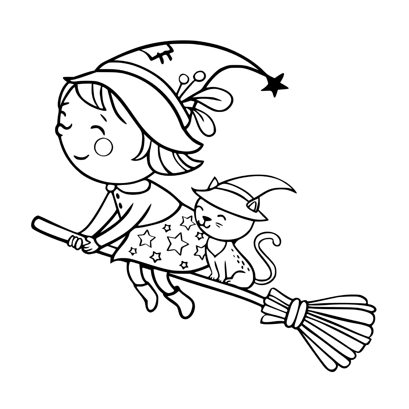  Little witch and cat on a broom 