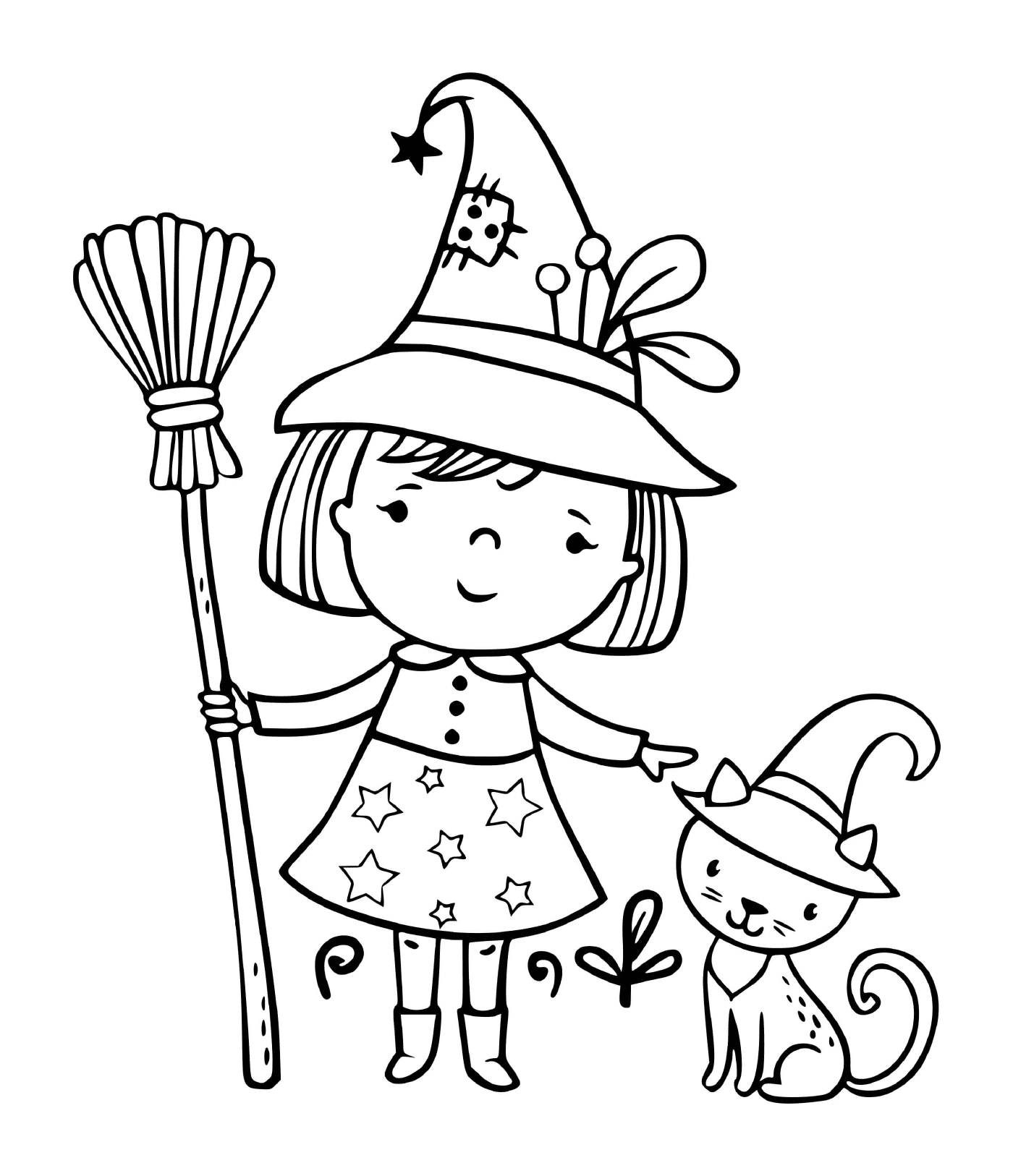  Little witch with her black cat 
