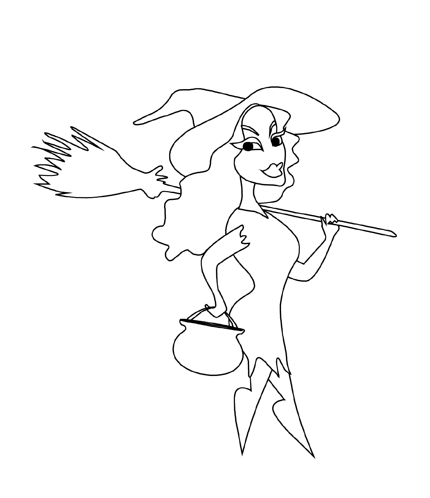  witch holding a broom and a pot 