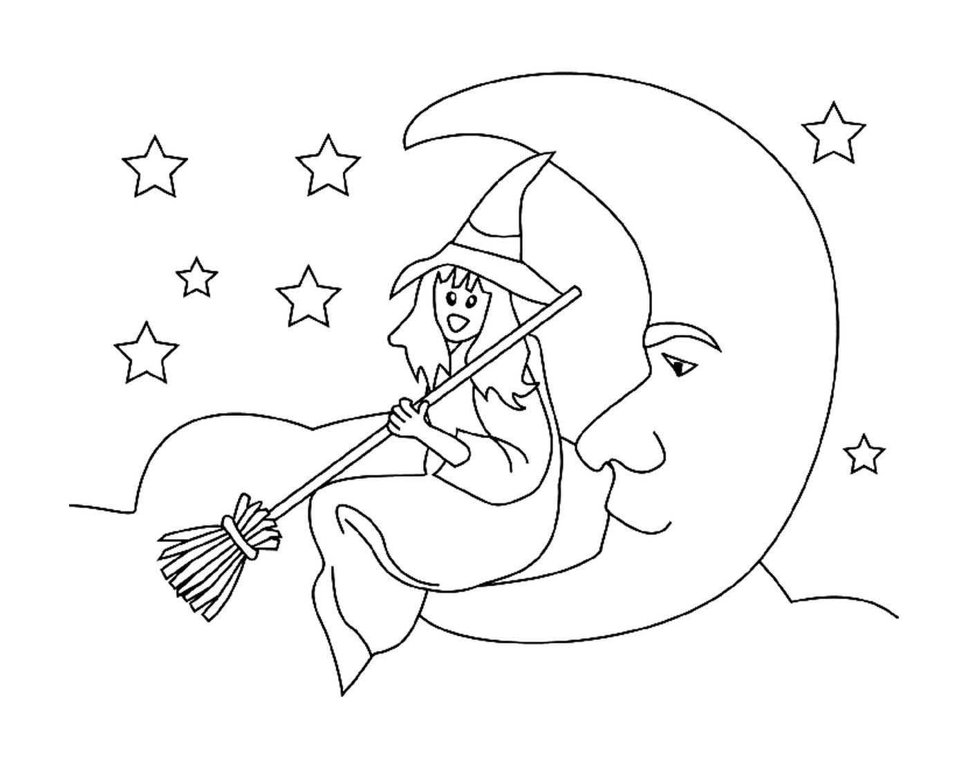  bruja sentada en la luna mirando las estrellas 