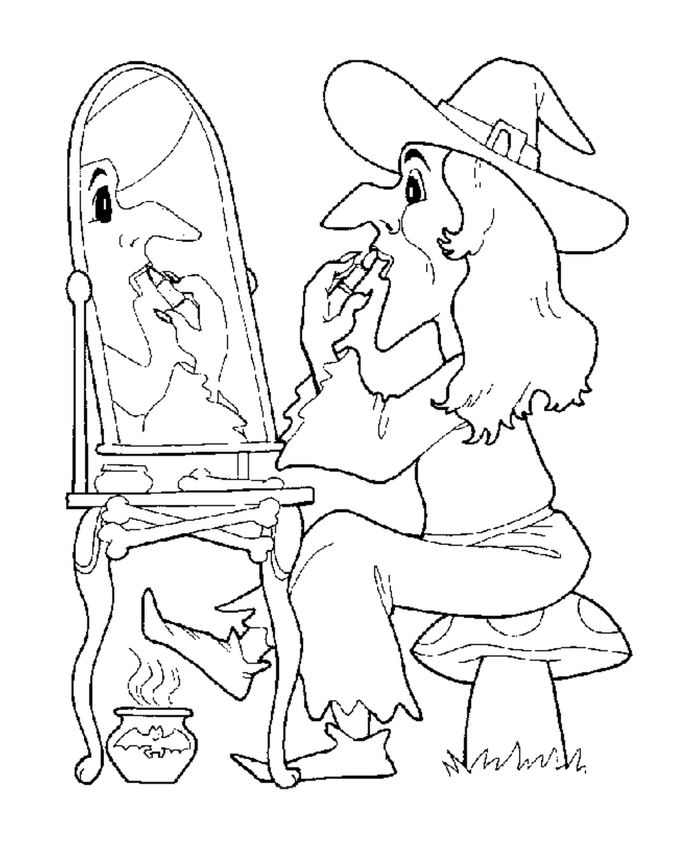  Hexe, die sich vor ihrem Spiegel schminkt 