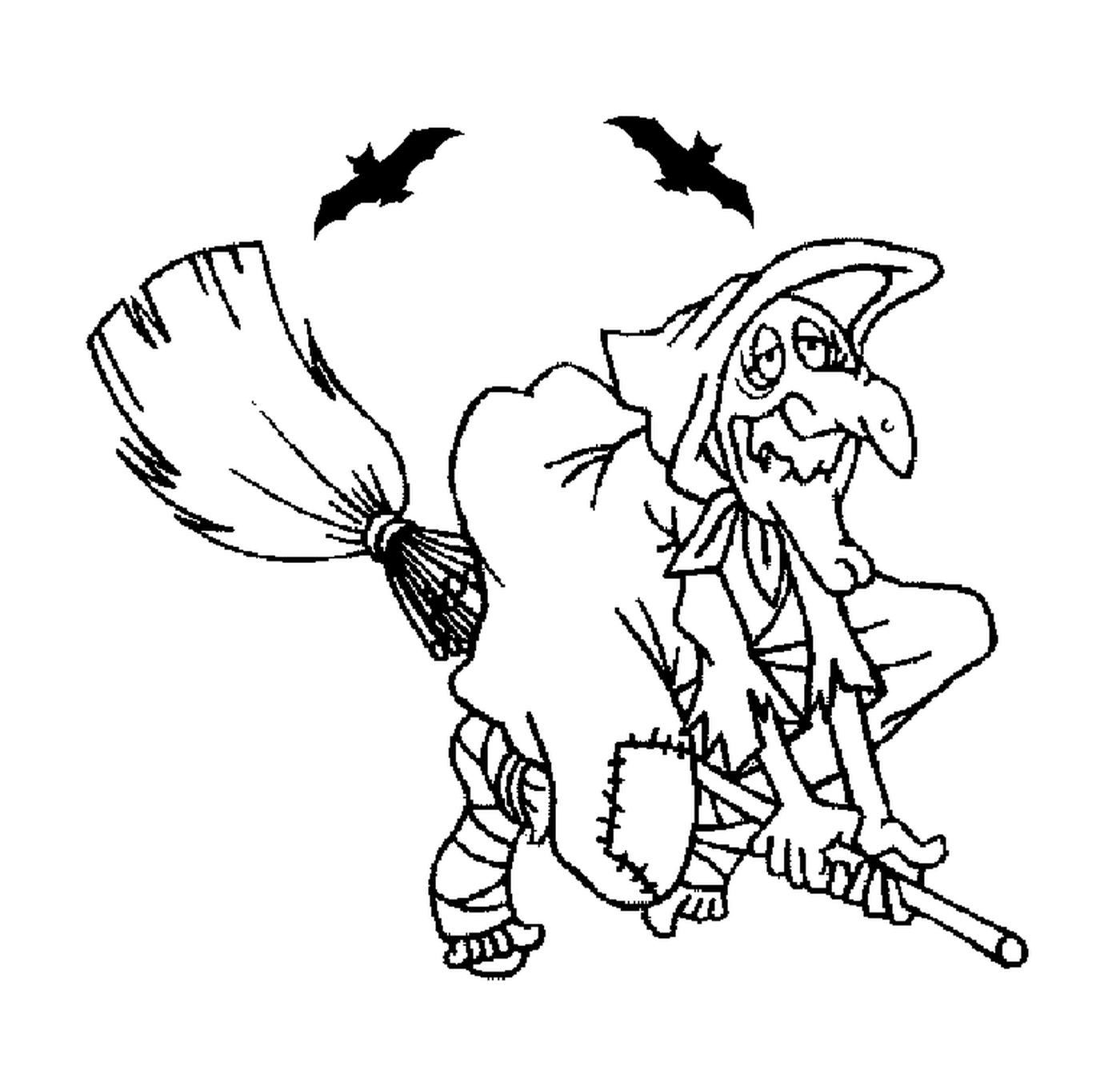  old witch on a flying broom with two bats 