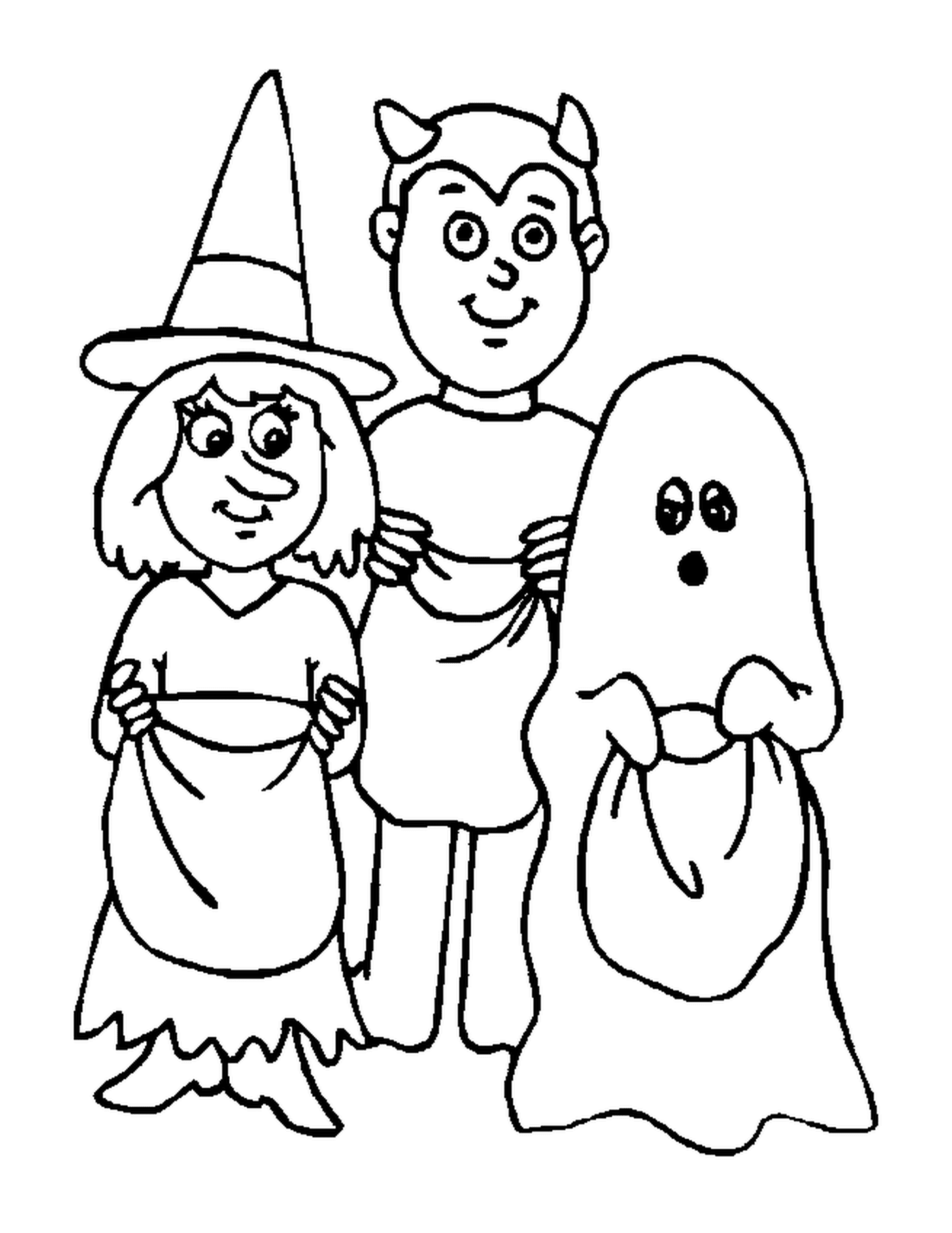  мужчина, женщина и призрак, замаскированные, чтобы напугать Хэллоуин 