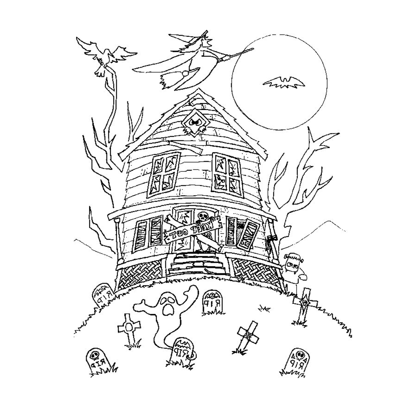  Haus mit einer fliegenden Hexe, beängstigend 