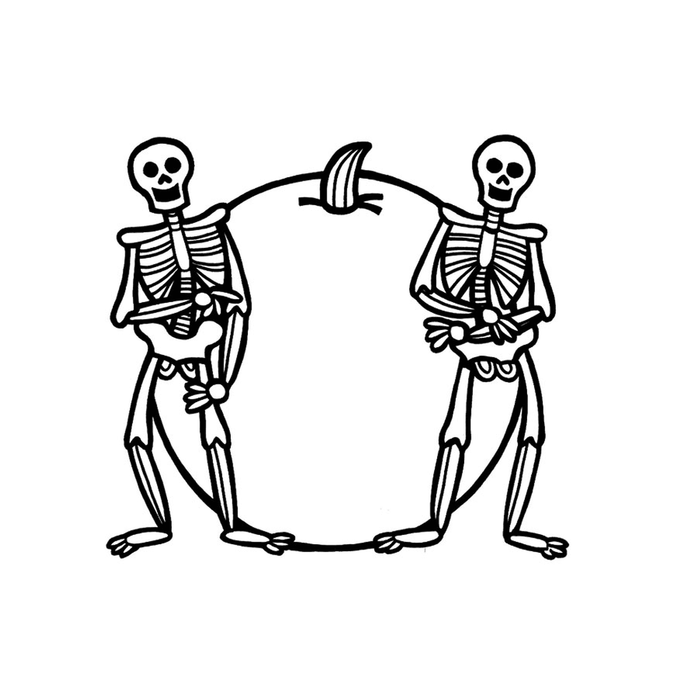  Two skeletons next to an apple 