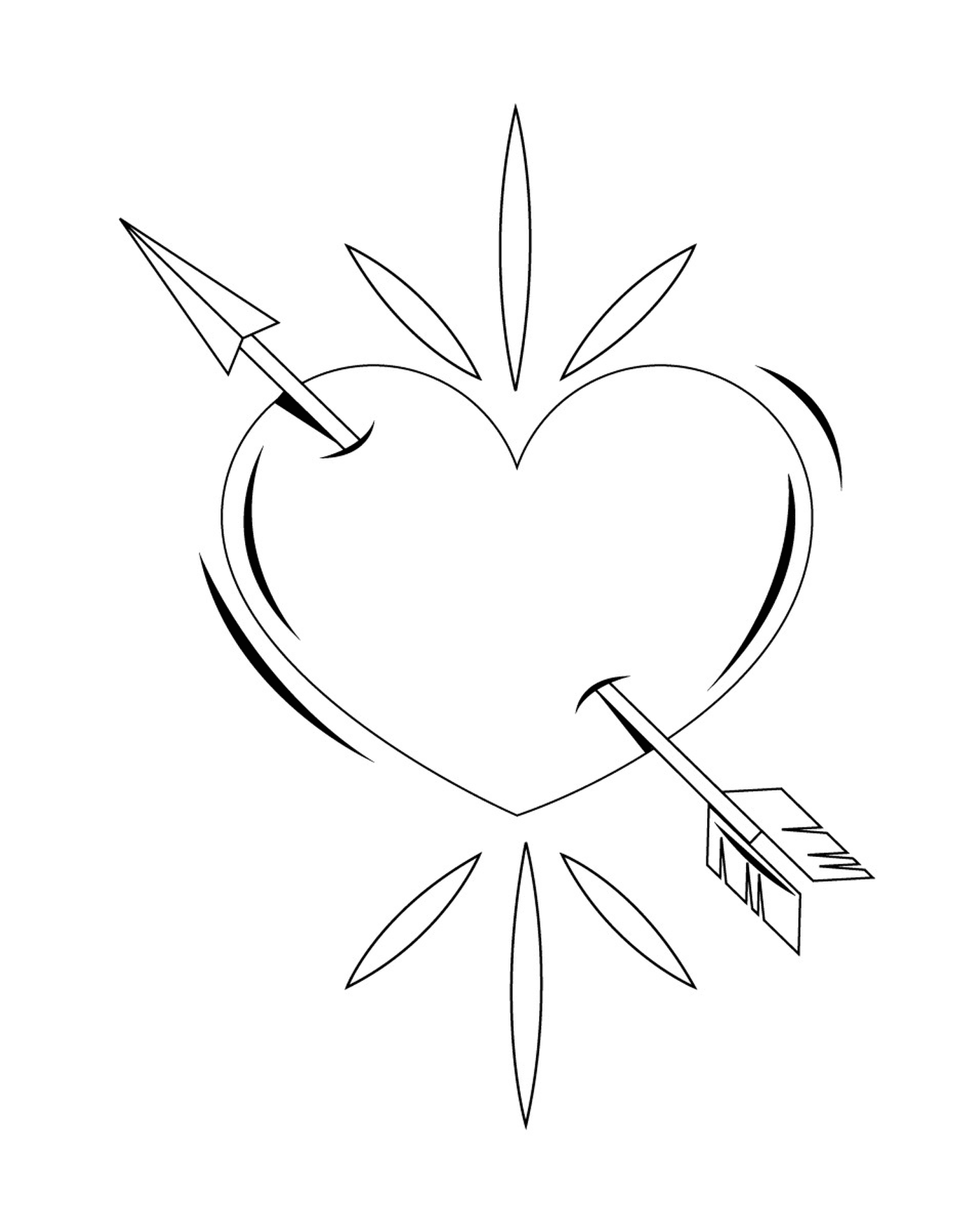  Corazón de amor con una flecha, un dibujo negro 