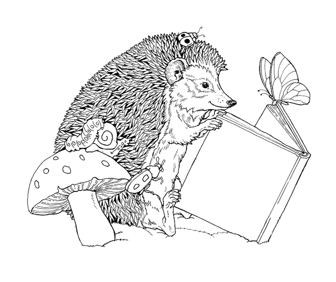  Hedgehog lettura di un libro accanto a un fungo 