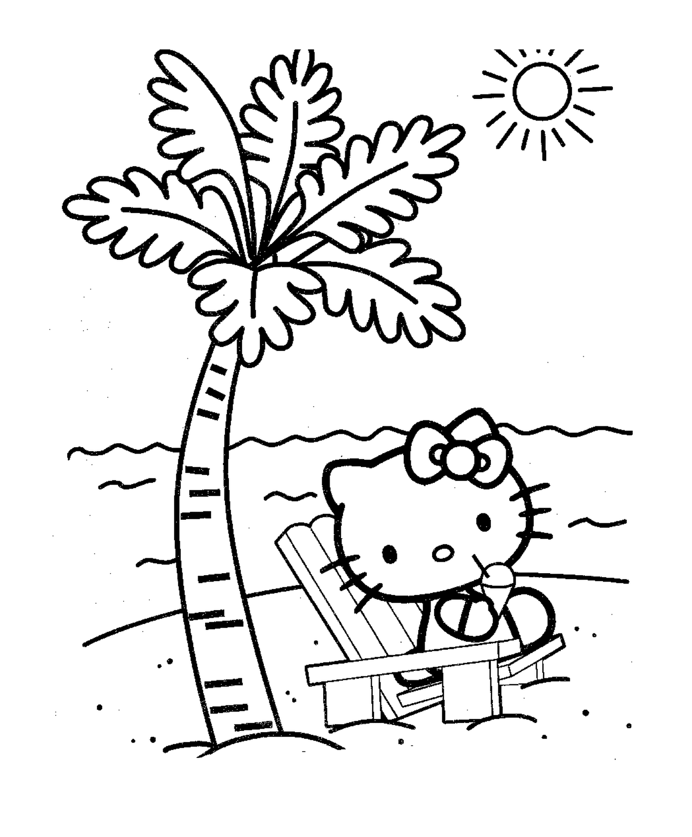  Hallo Kitty sitzt auf einem Strandstuhl 