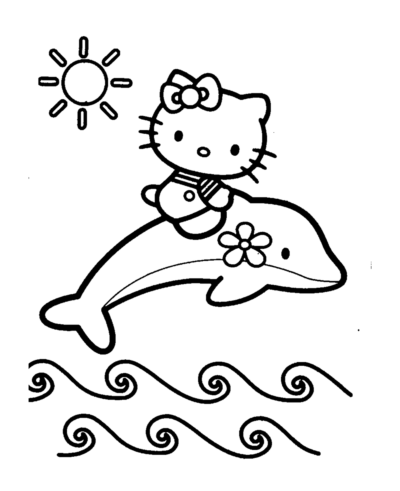  Hello Kitty riding a dolphin in the water 