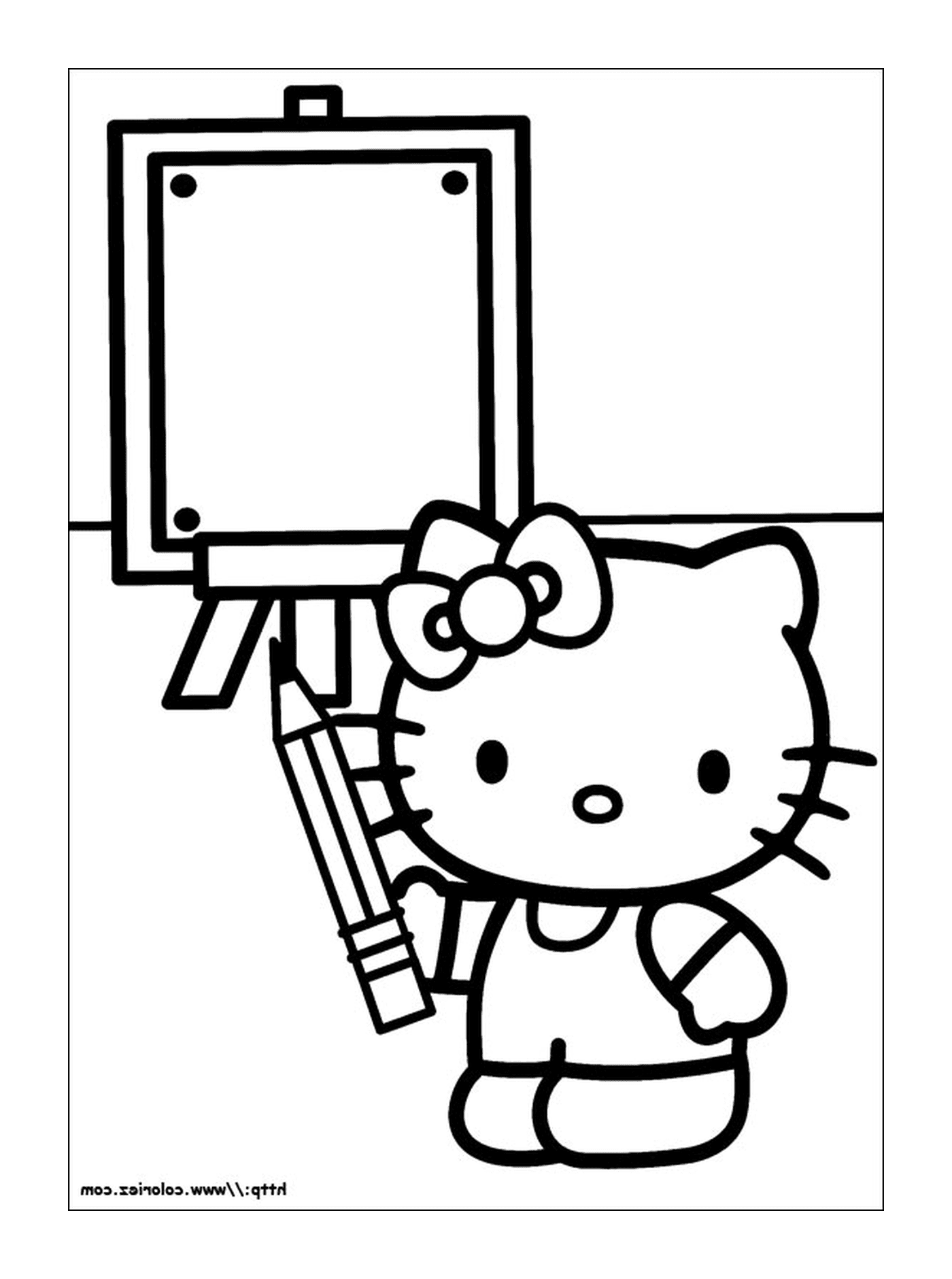  Hola Kitty con un lápiz y una pintura 