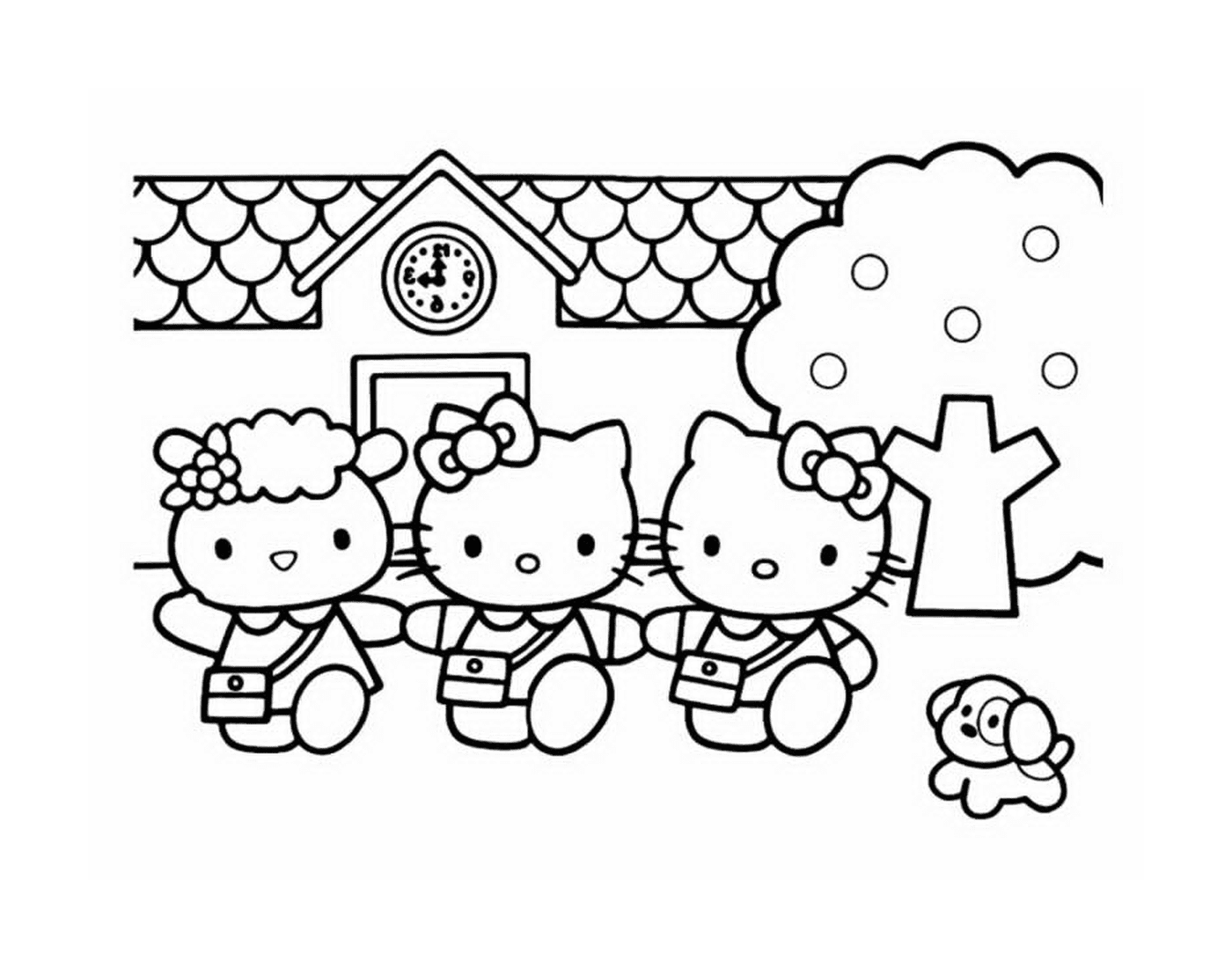  A group of Hello Kitty in front of a house 
