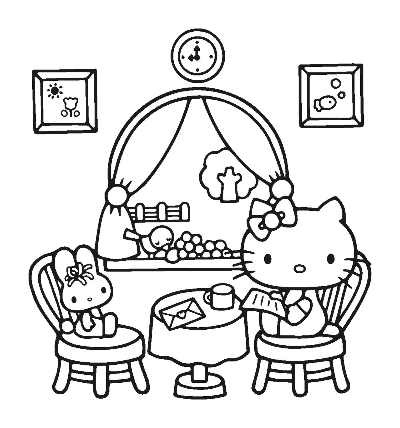  Hallo Kitty sitzt vor einem Tisch 