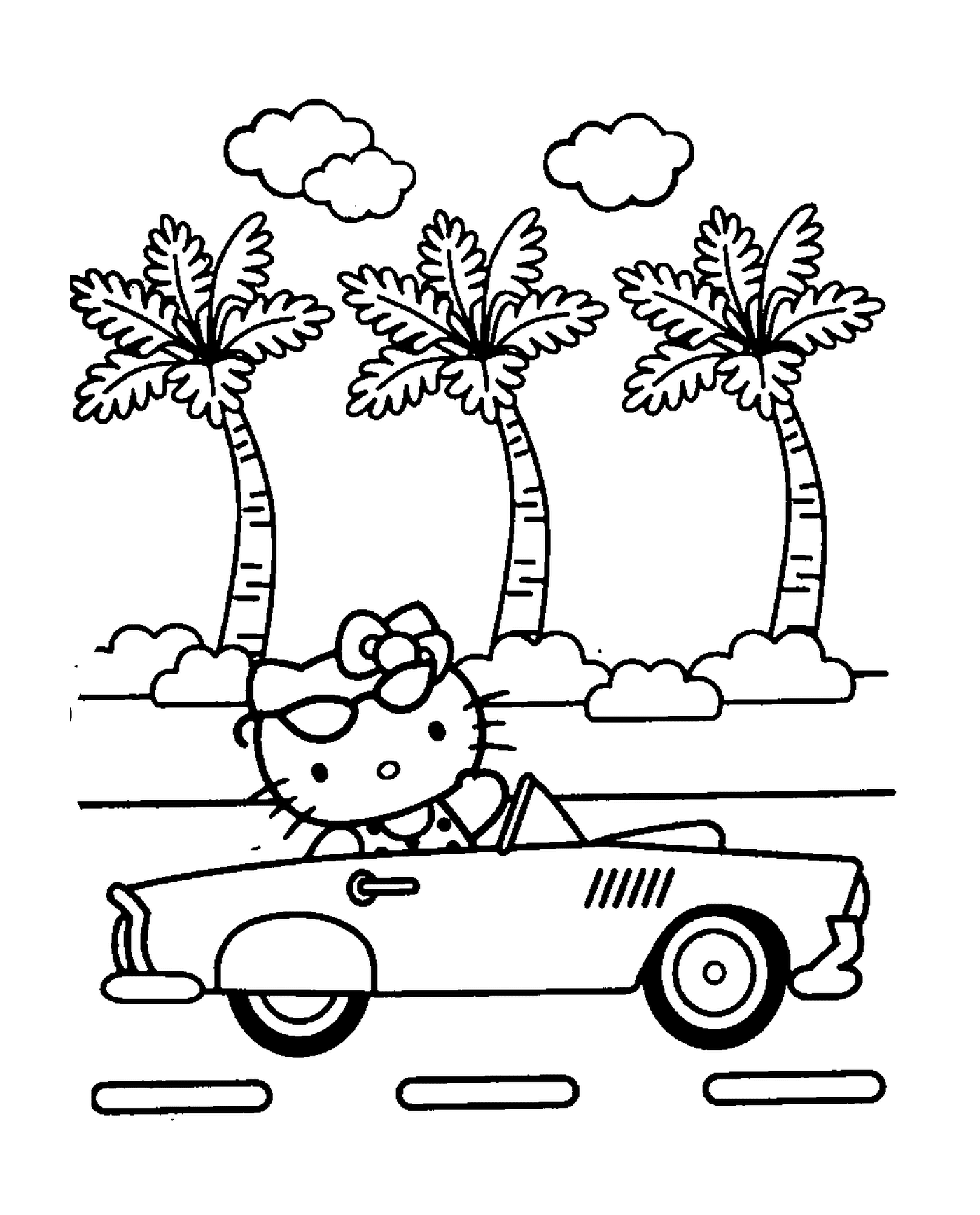  Здравствуй, Китти водит машину перед пальмами 