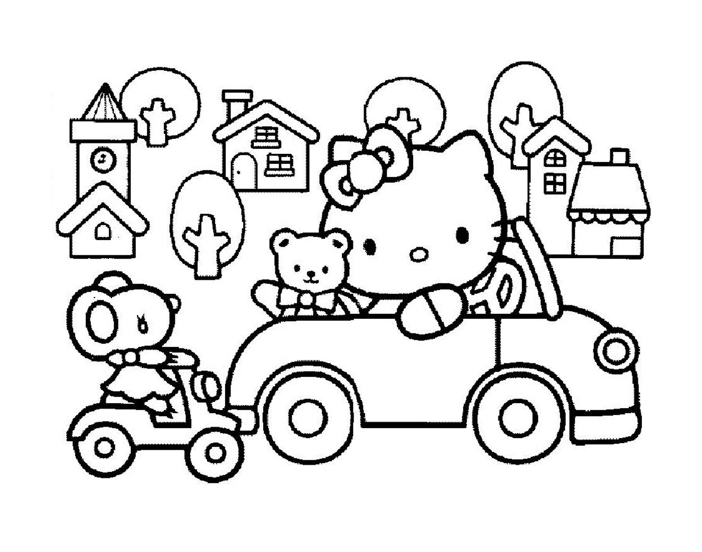  Hello Kitty driving a car with a teddy bear 