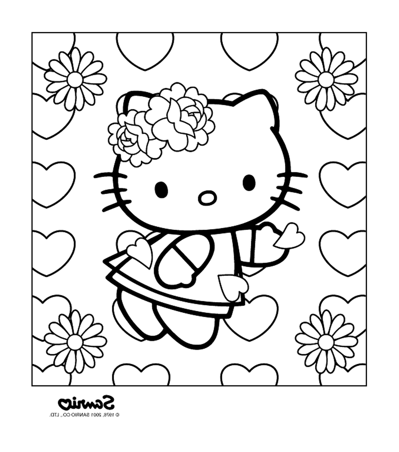  Hola Kitty con corazones y flores 