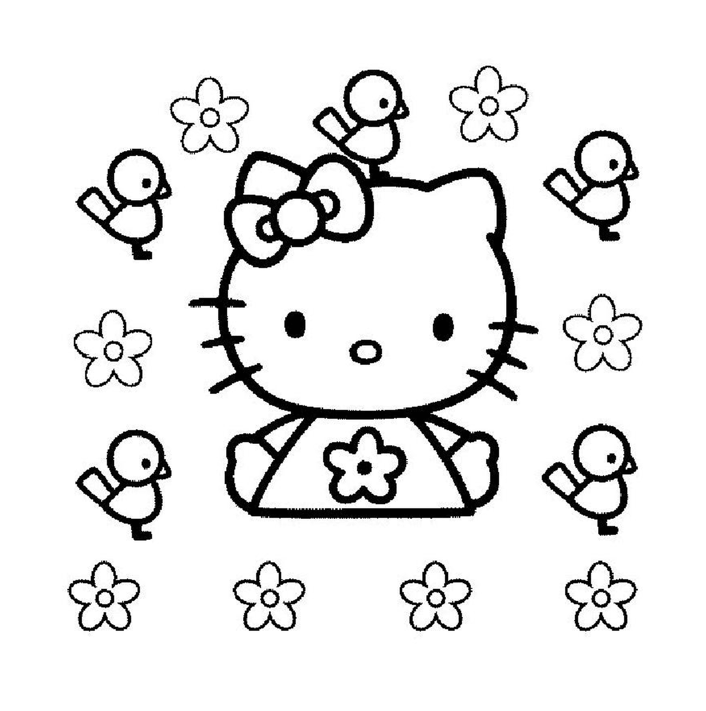  Hello Kitty with a multitude of birds 