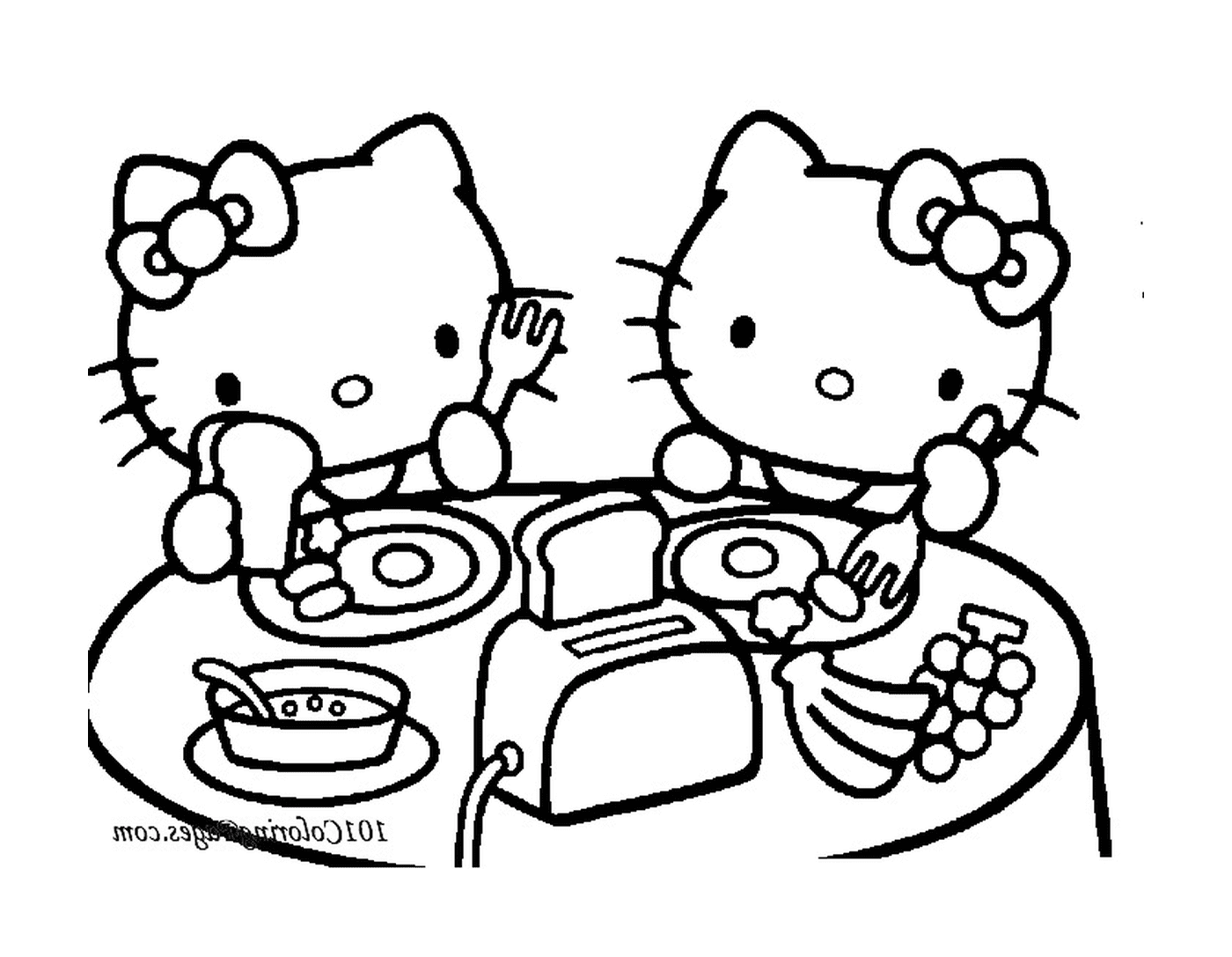  Two Hello Kittys sitting at a dinner table 