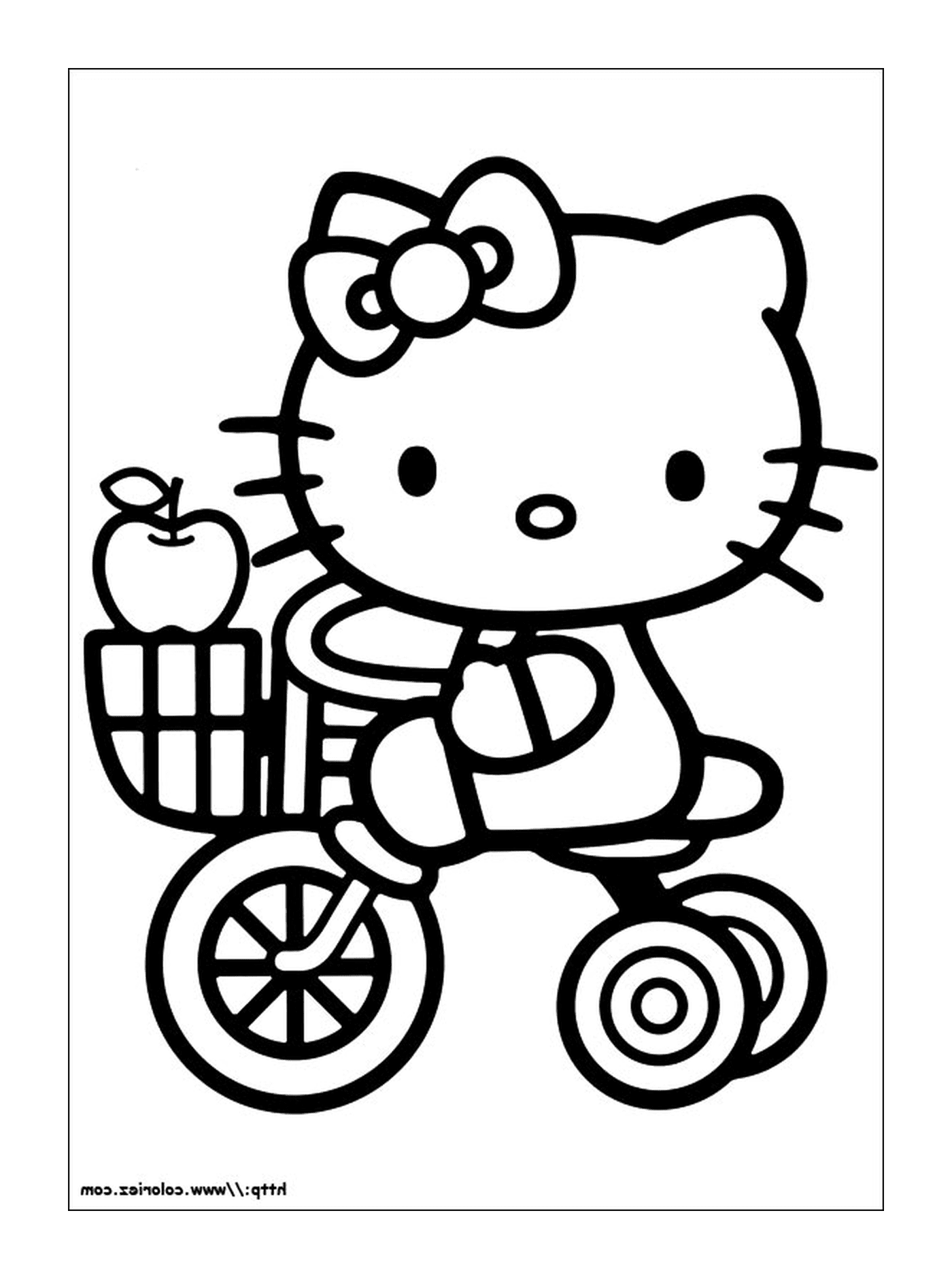  Hola Kitty montando en bicicleta con una manzana en la espalda 