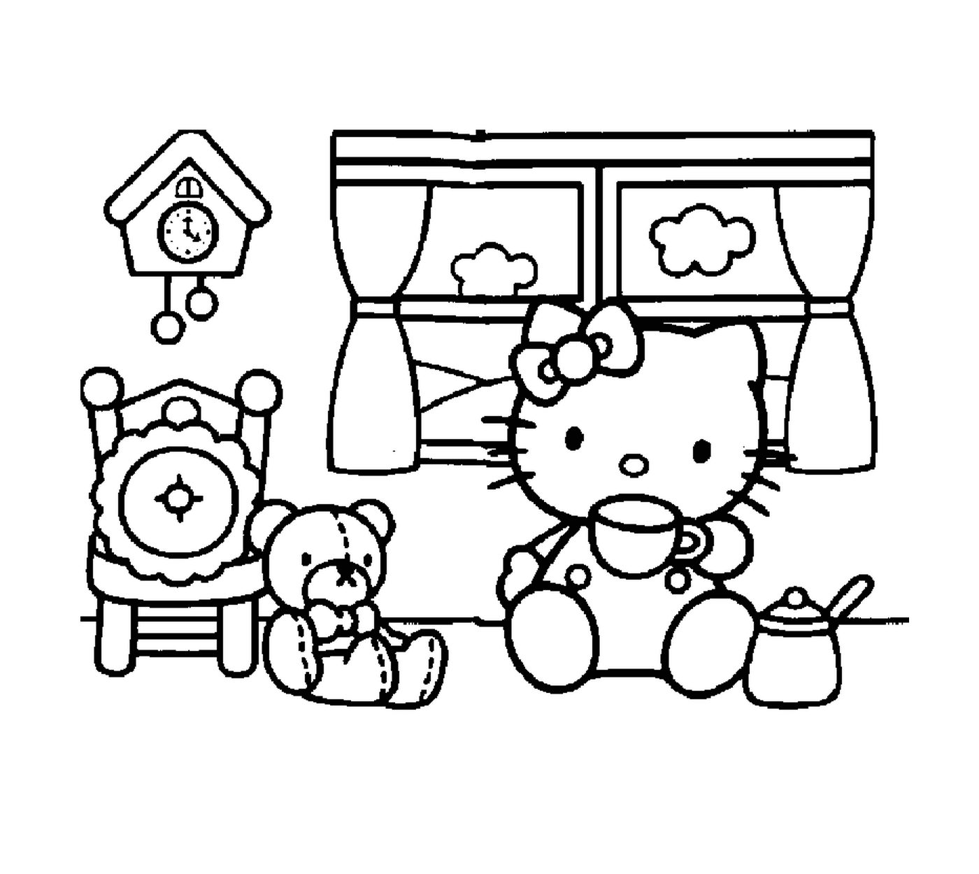  Hallo Kitty sitzt vor einem Teddybär 