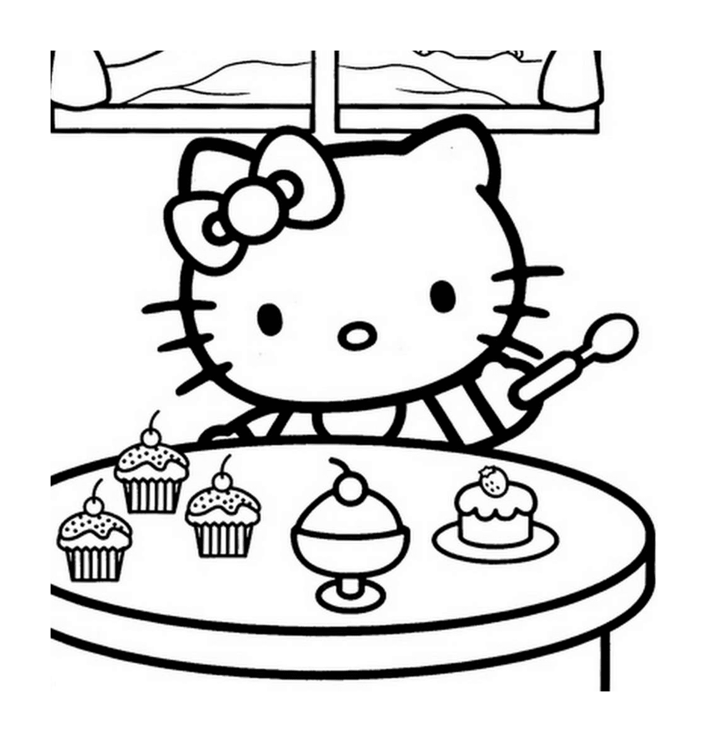  Hallo Kitty sitzt vor einem Tisch voller Cupcakes 