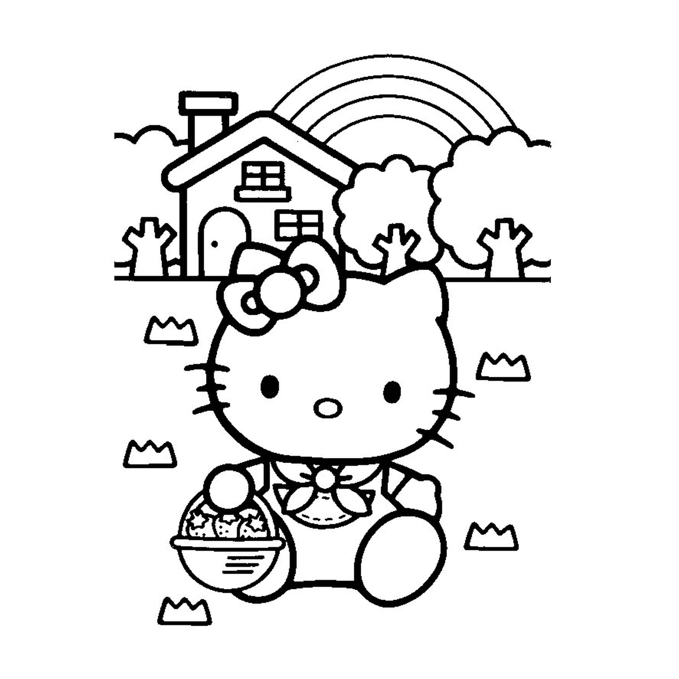  Hallo Kitty sitzt vor einem Haus 