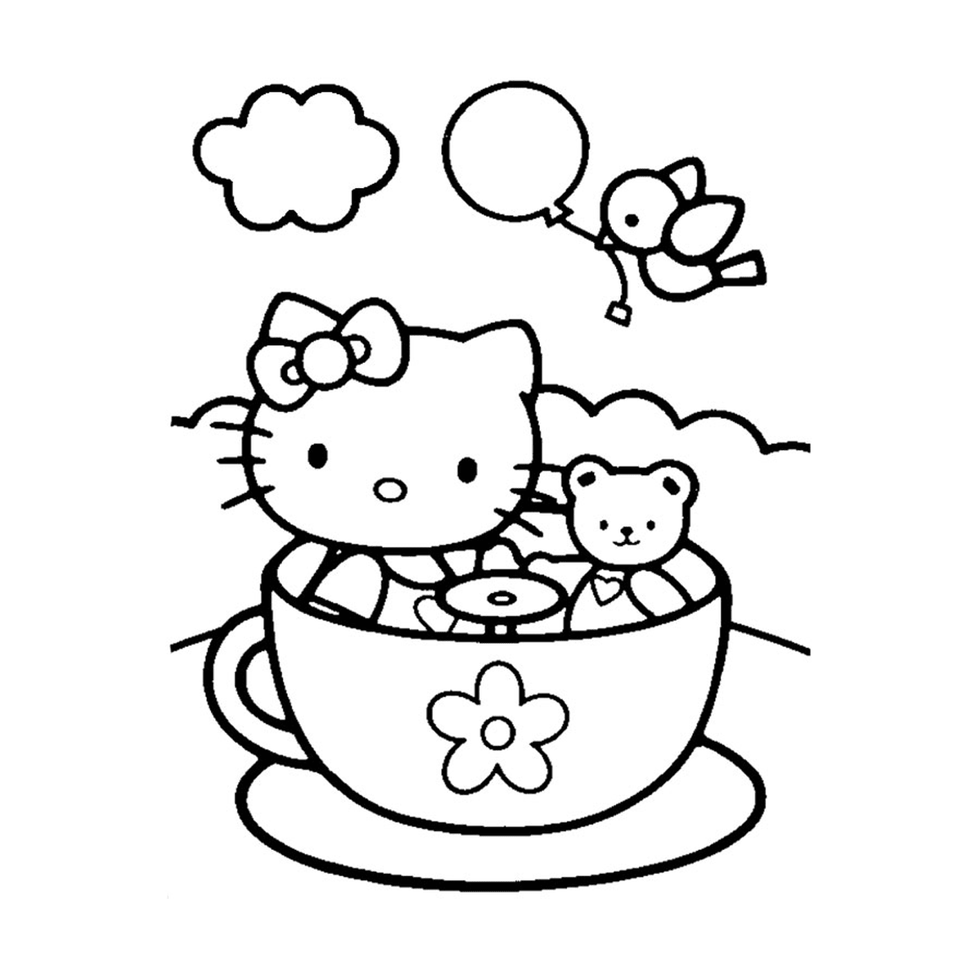  Hola Kitty sentada en una taza de té 
