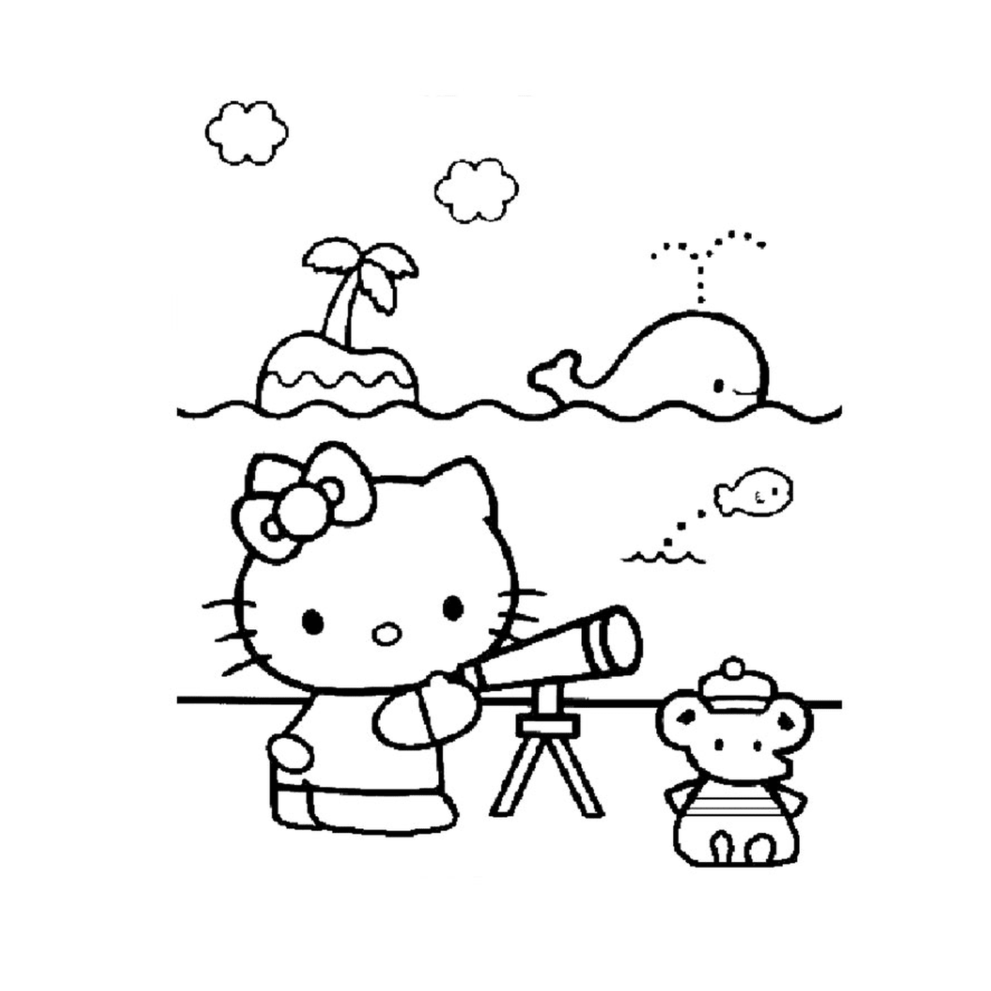  Здравствуй, Китти смотрит через телескоп на плюшевого медведя 