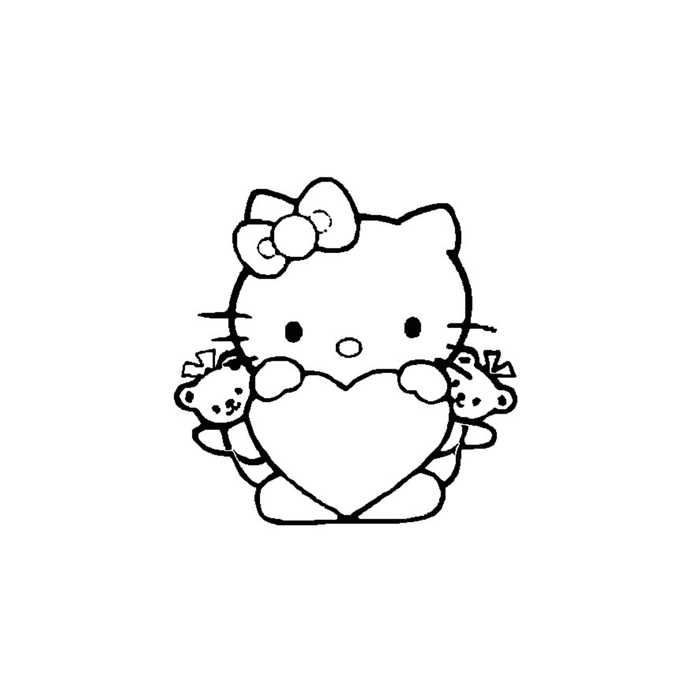  Hola Kitty sosteniendo un osito de peluche delante de un corazón 