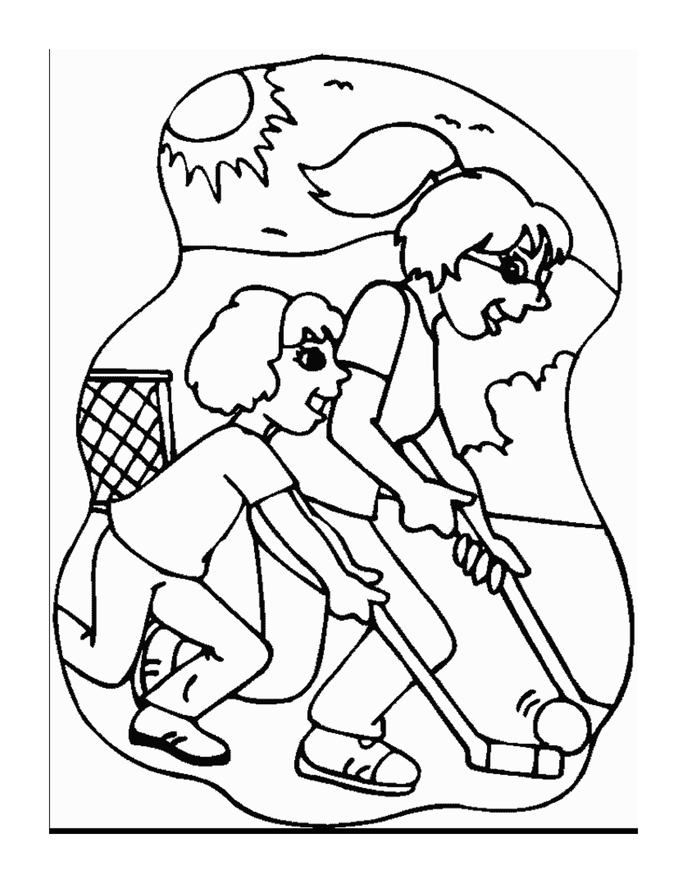  Две девушки играют в хоккей на траве 
