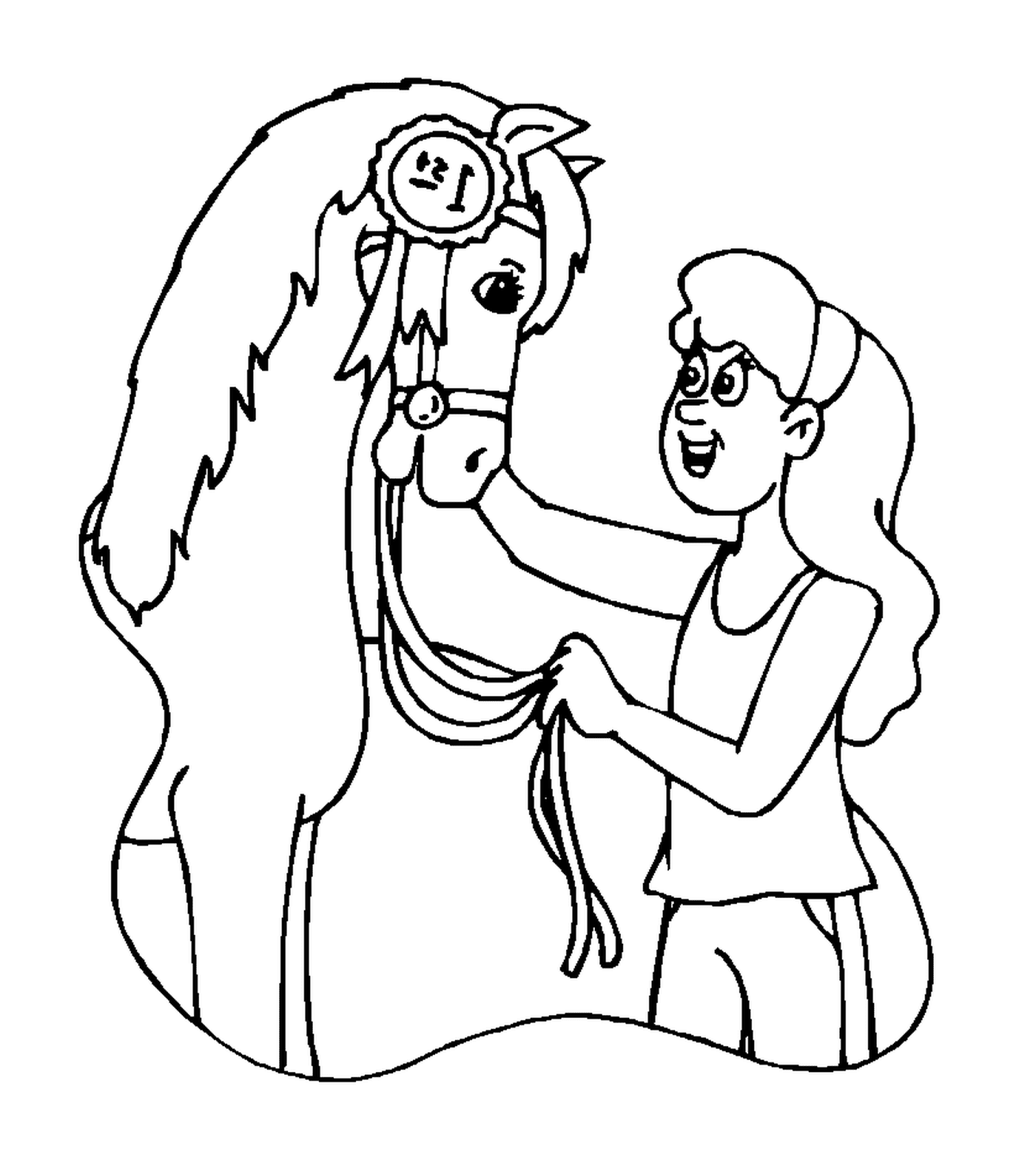  Young girl caring for her horse with tenderness 